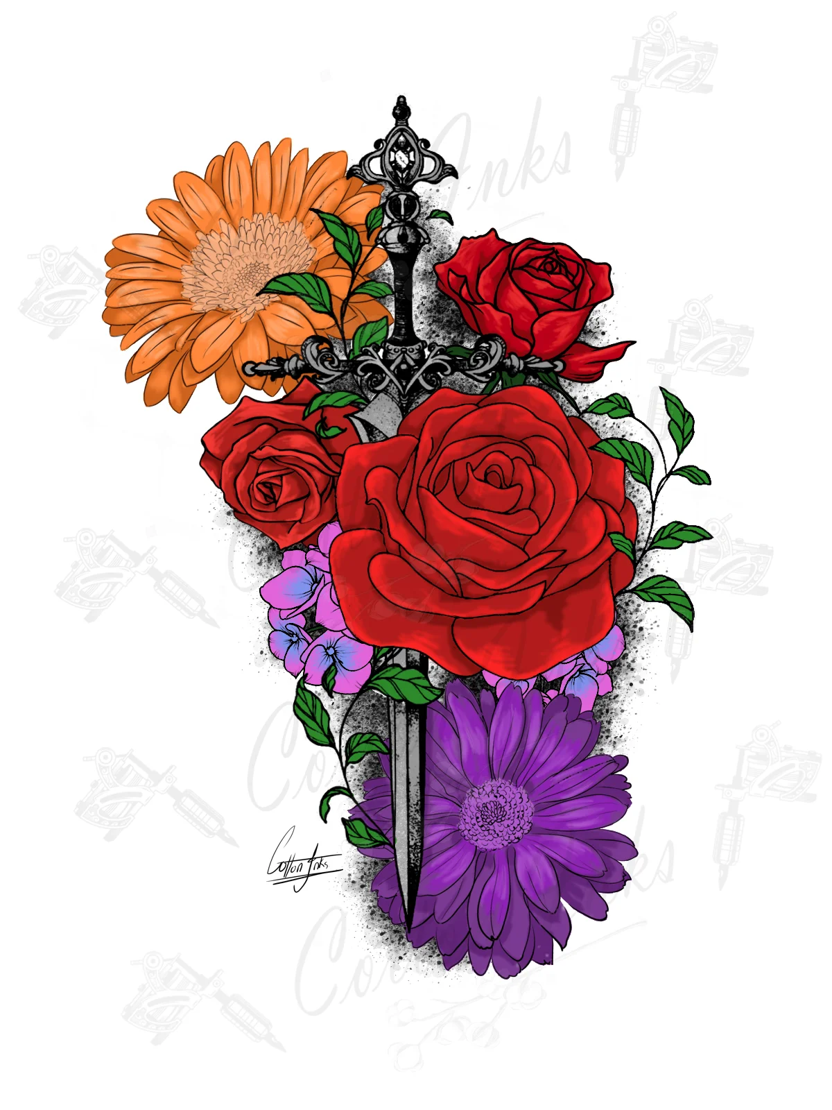 Tattoo Design Idea - Flowers and dagger