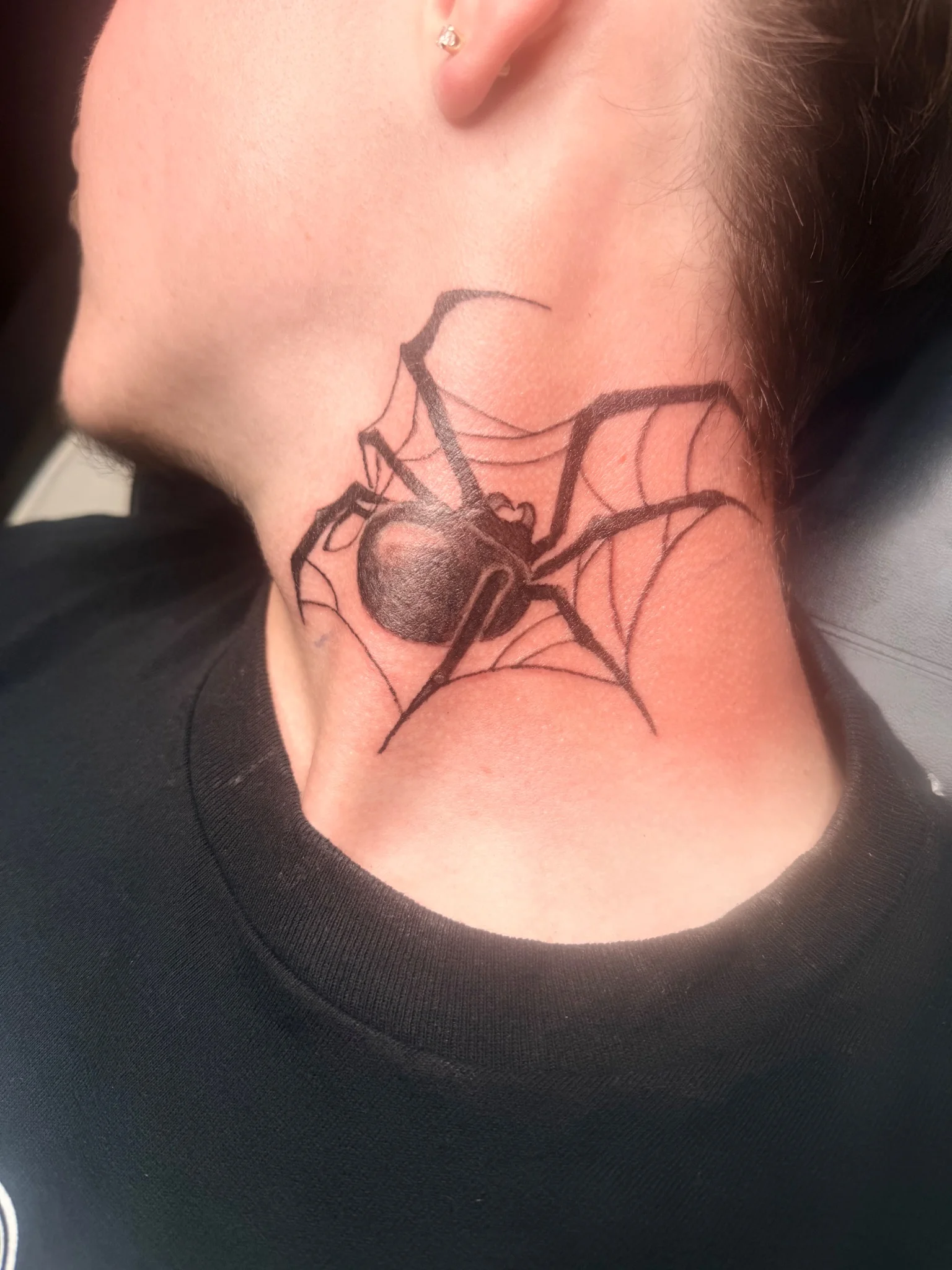 Black and grey realistic spider with web on neck