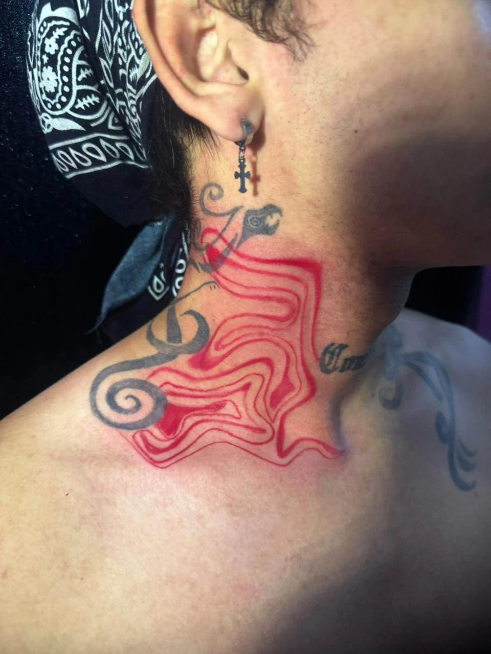 Red and black abstract wavy design with spiral elements on neck