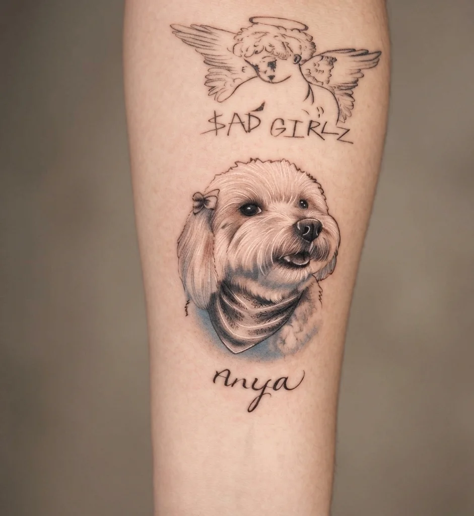 Black and grey realistic dog portrait with cherub and script on forearm
