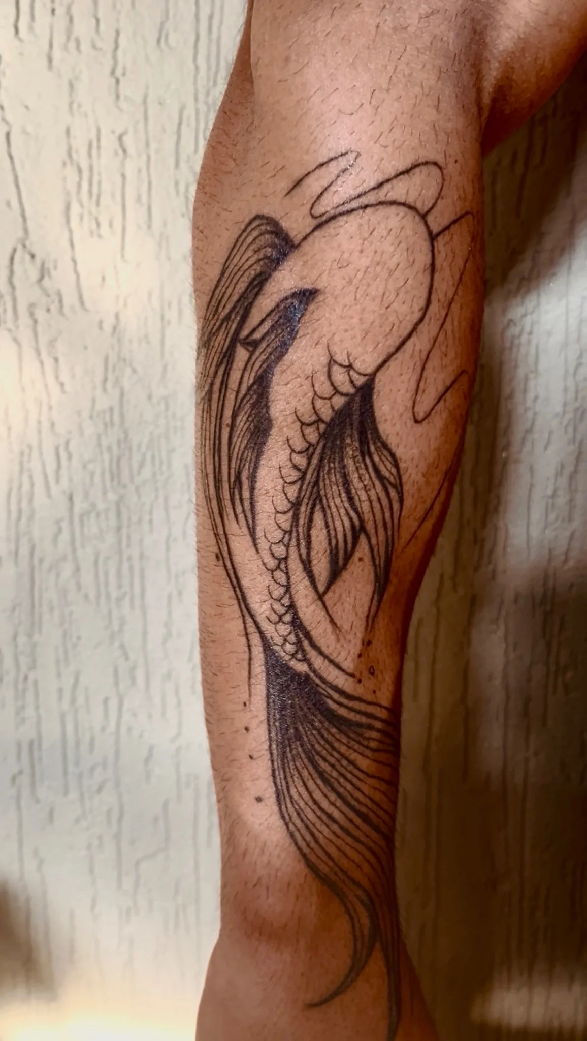 Black ink koi fish tattoo with flowing fins on forearm