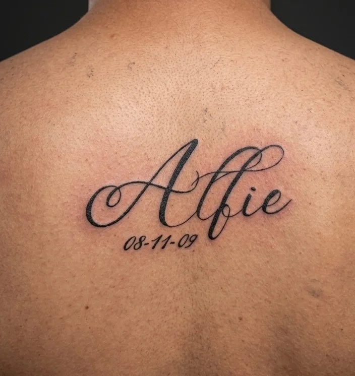 Calligraphy name and date tattoo on upper back