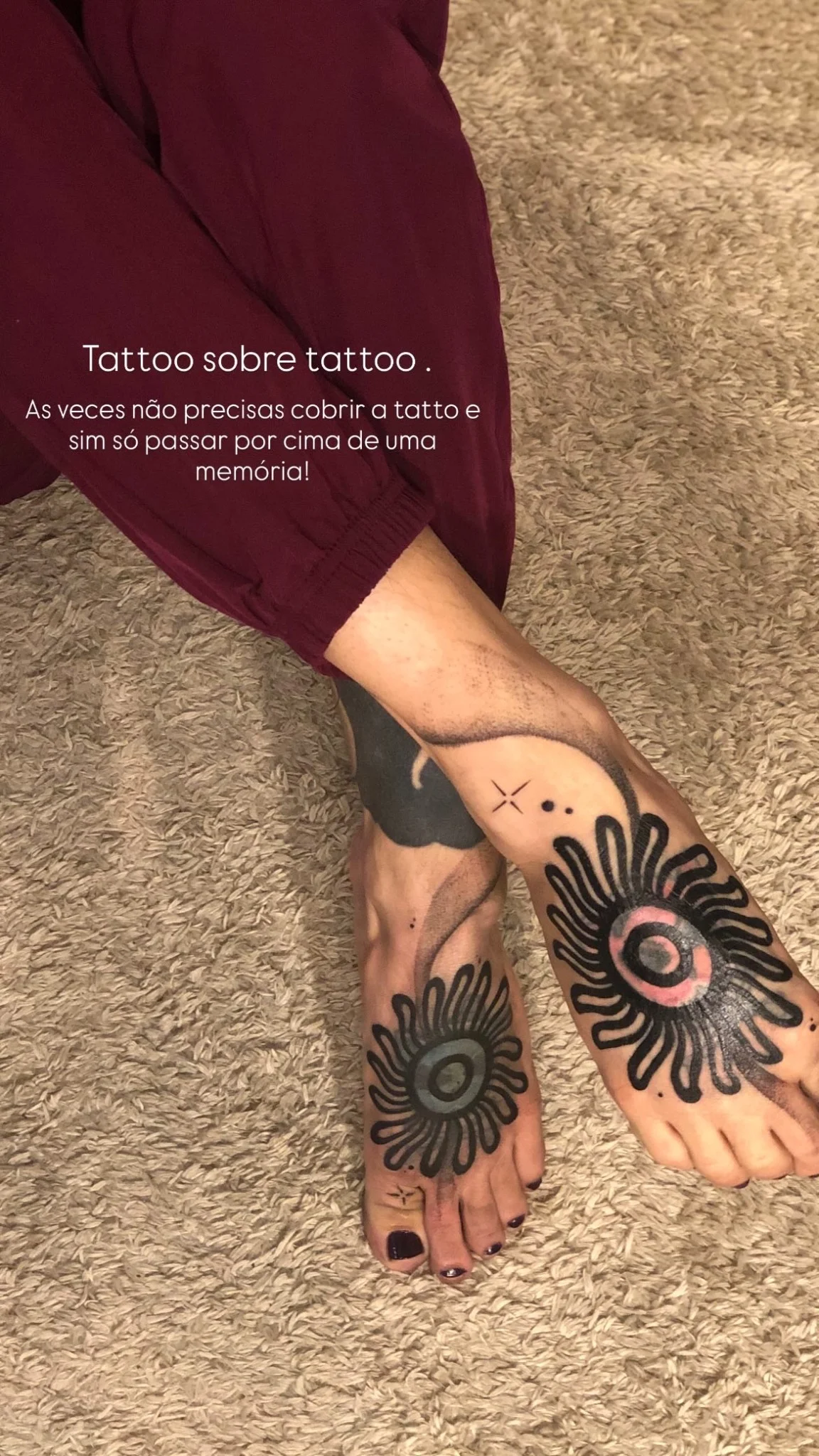Bold neo-traditional sun flower tattoos on both feet
