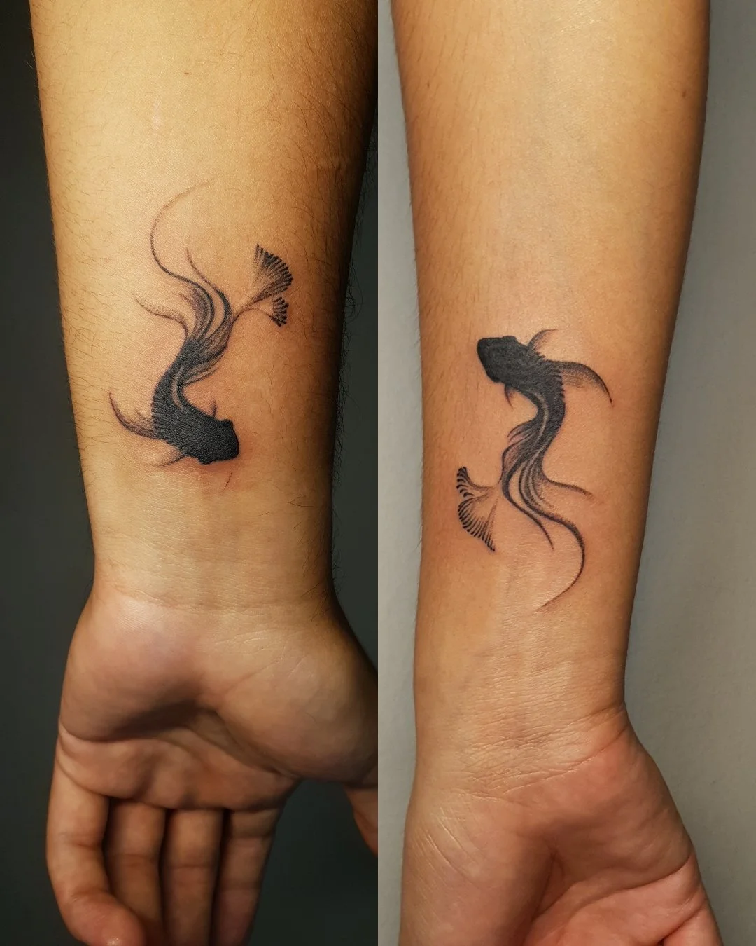 Black and grey koi fish silhouette tattoos on wrist, two angles