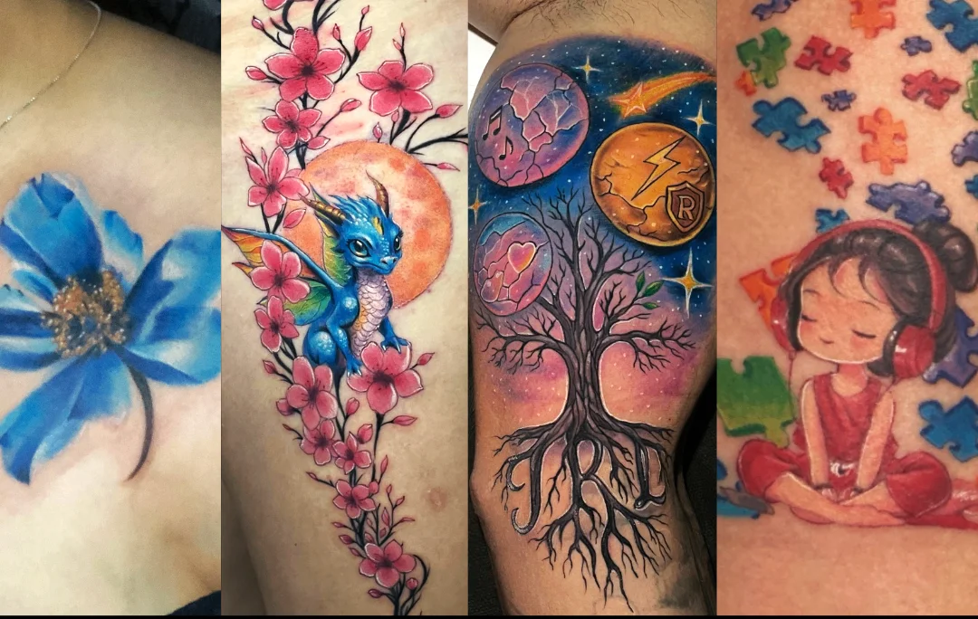 Colorful patchwork tattoo collage featuring floral dragon tree and figure designs