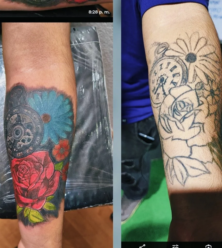 Neo-traditional color tattoo with pocket watch and roses on forearm