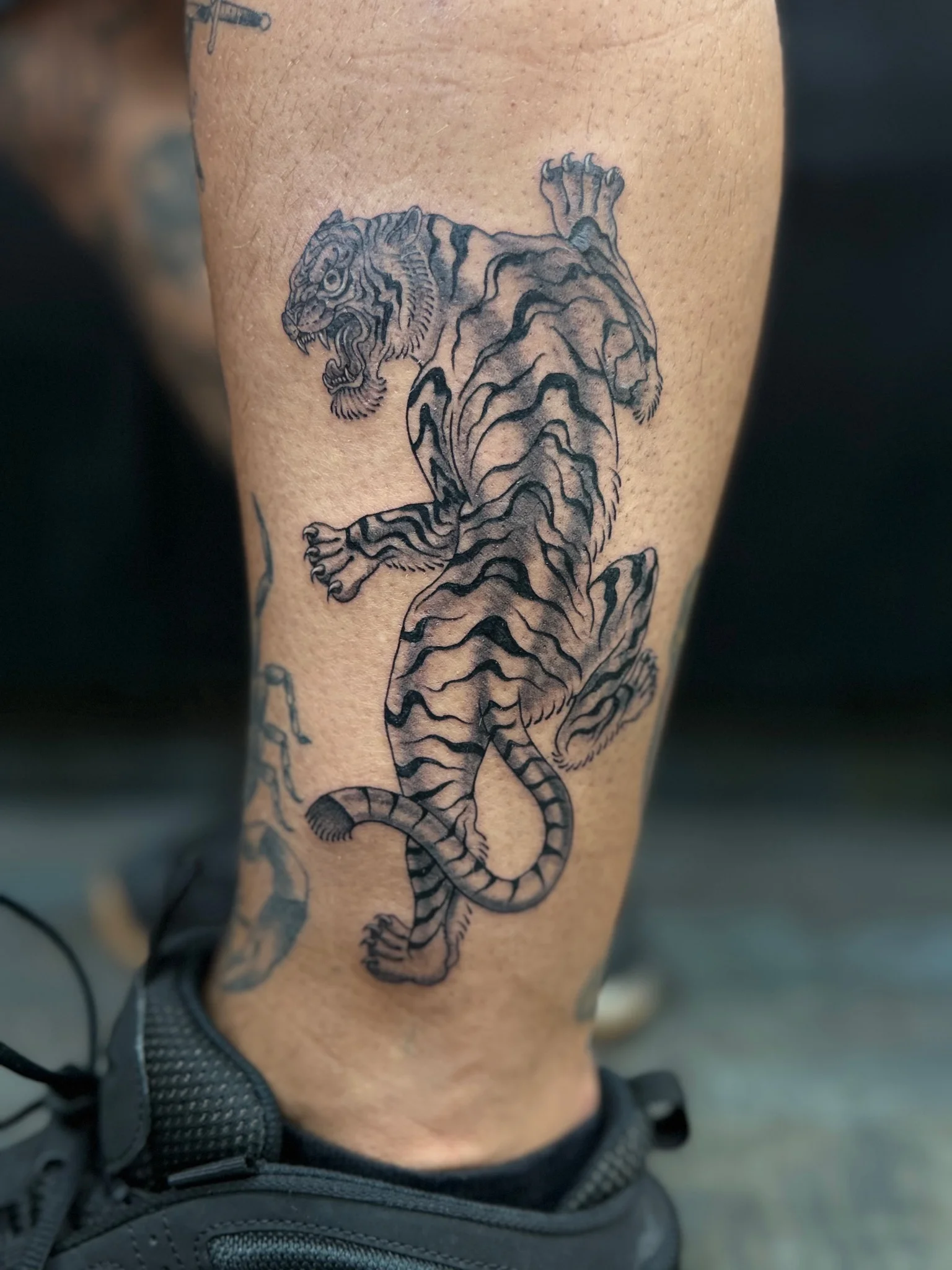 Black and grey Japanese traditional tiger tattoo on calf