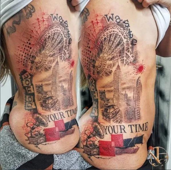 Trash polka rib tattoo with cityscape, ferris wheel, and lettering