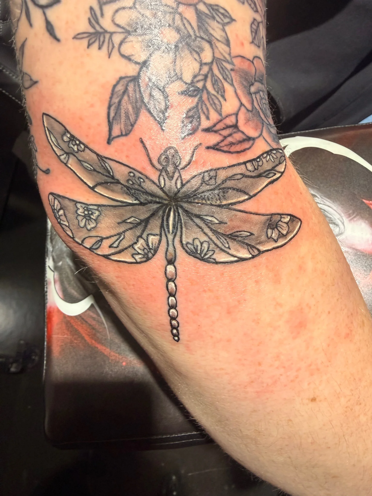 Floral, black and gray with Hummingbird and Dragonfly