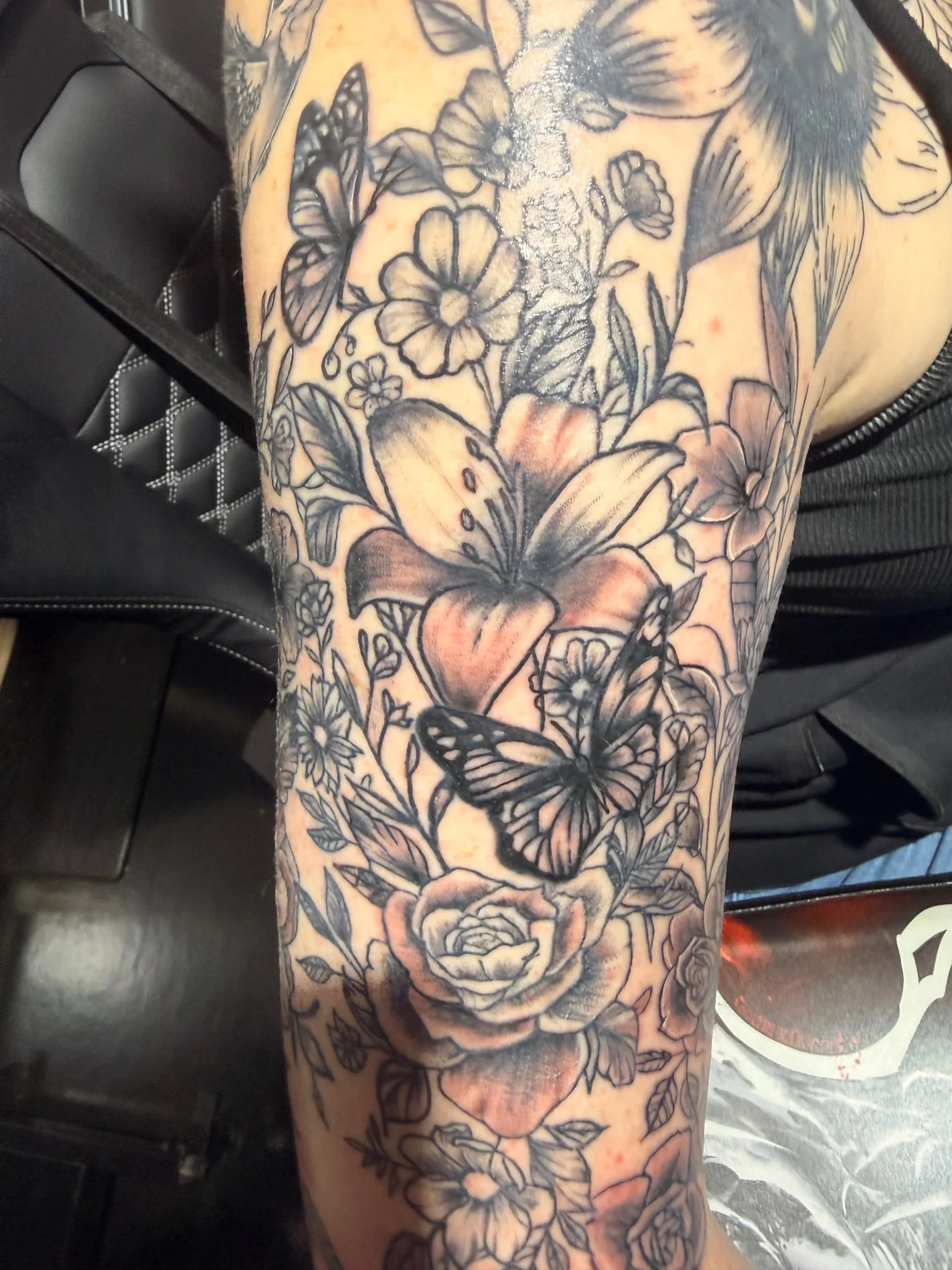 Floral, black and gray with Hummingbird and Dragonfly