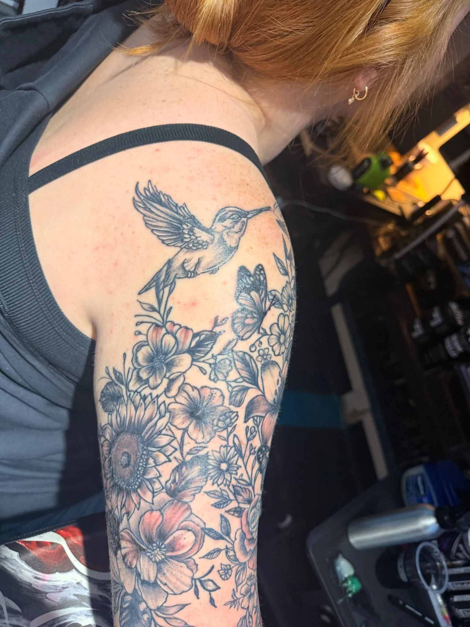 Floral, black and gray with Hummingbird and Dragonfly