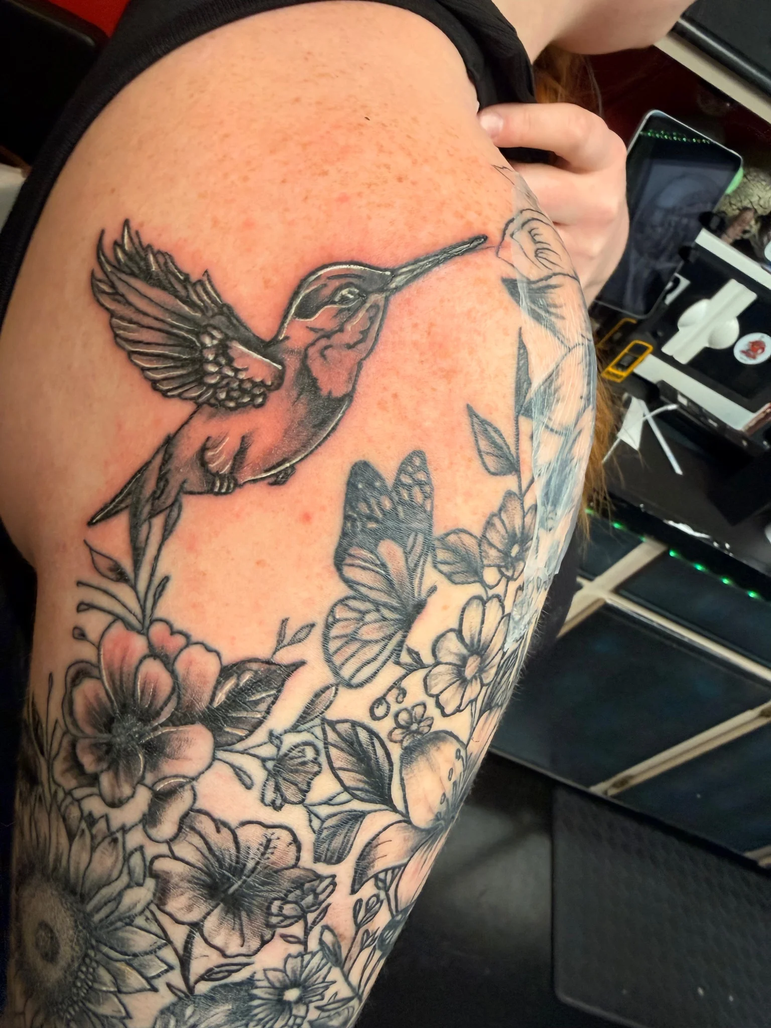 Floral, black and gray with Hummingbird and Dragonfly