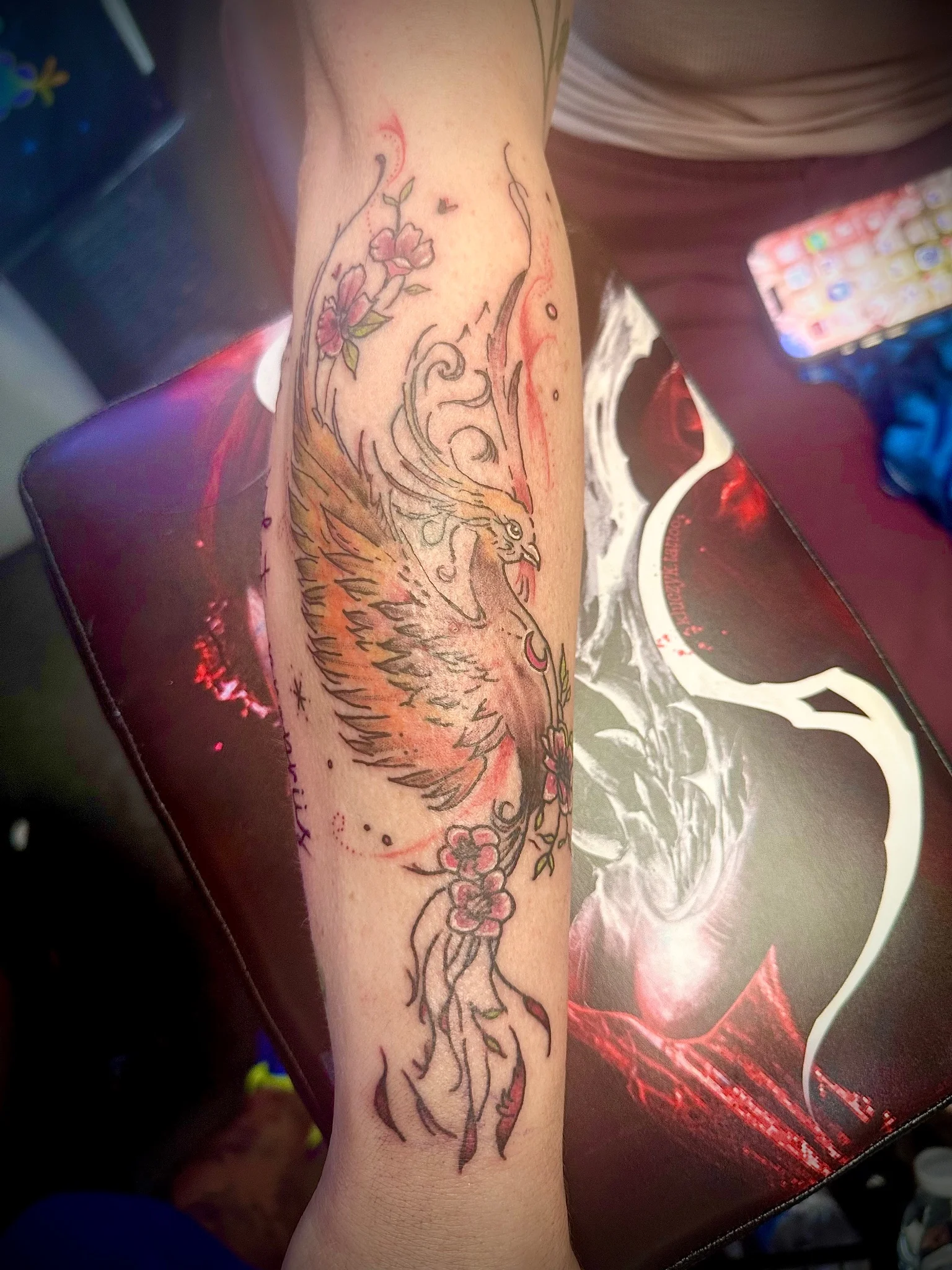 Neo-traditional phoenix with cherry blossoms tattooed on forearm