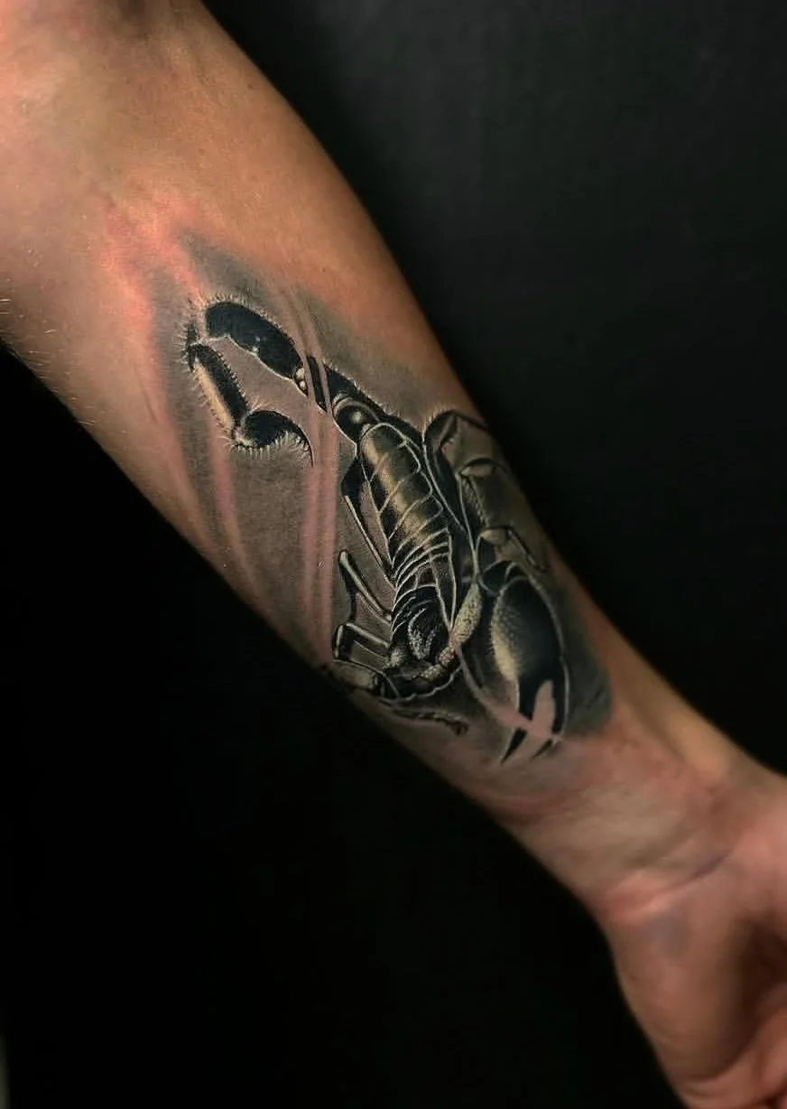 Black and grey realism scorpion ripped skin tattoo on forearm