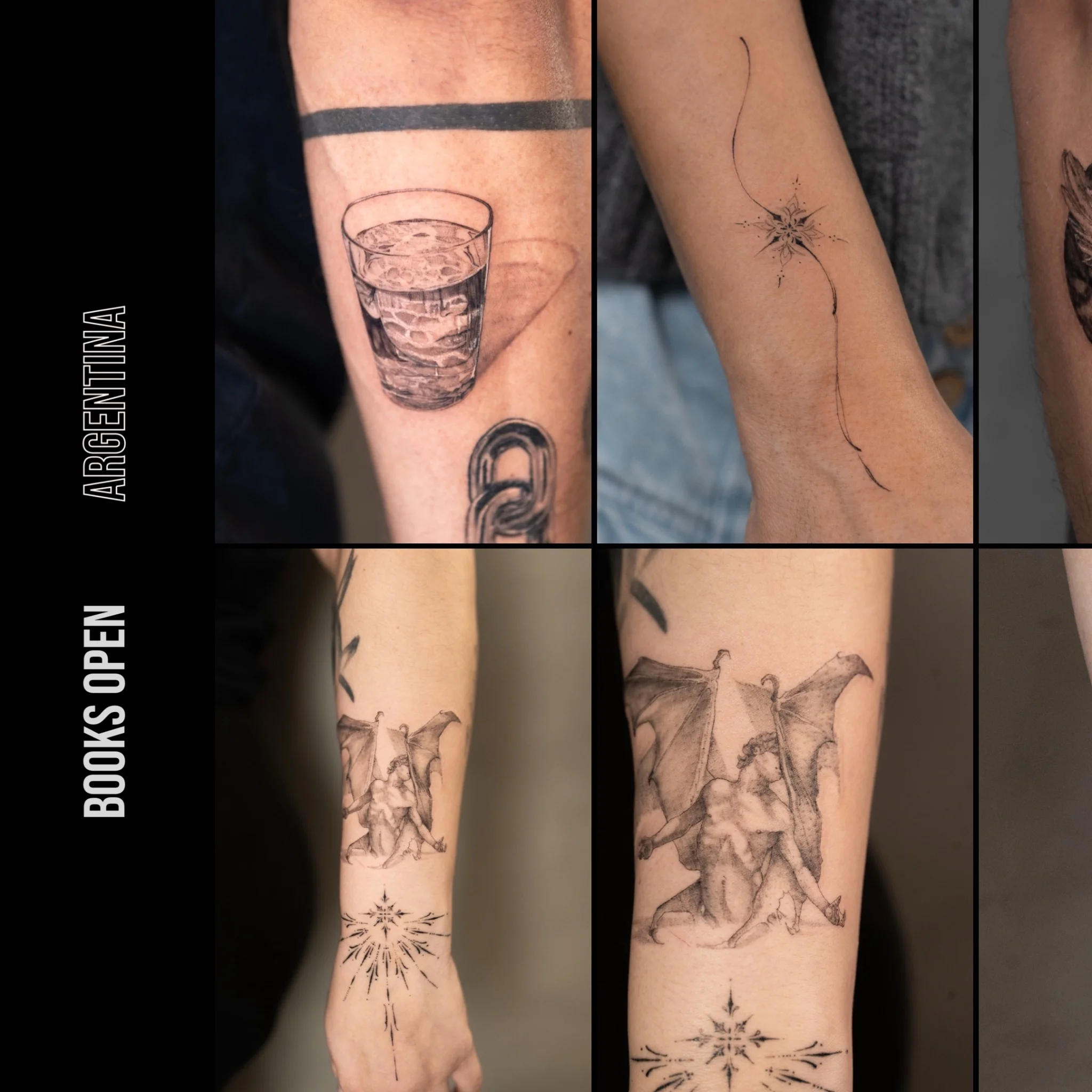 Black and grey realism glass and winged figure tattoos on forearm