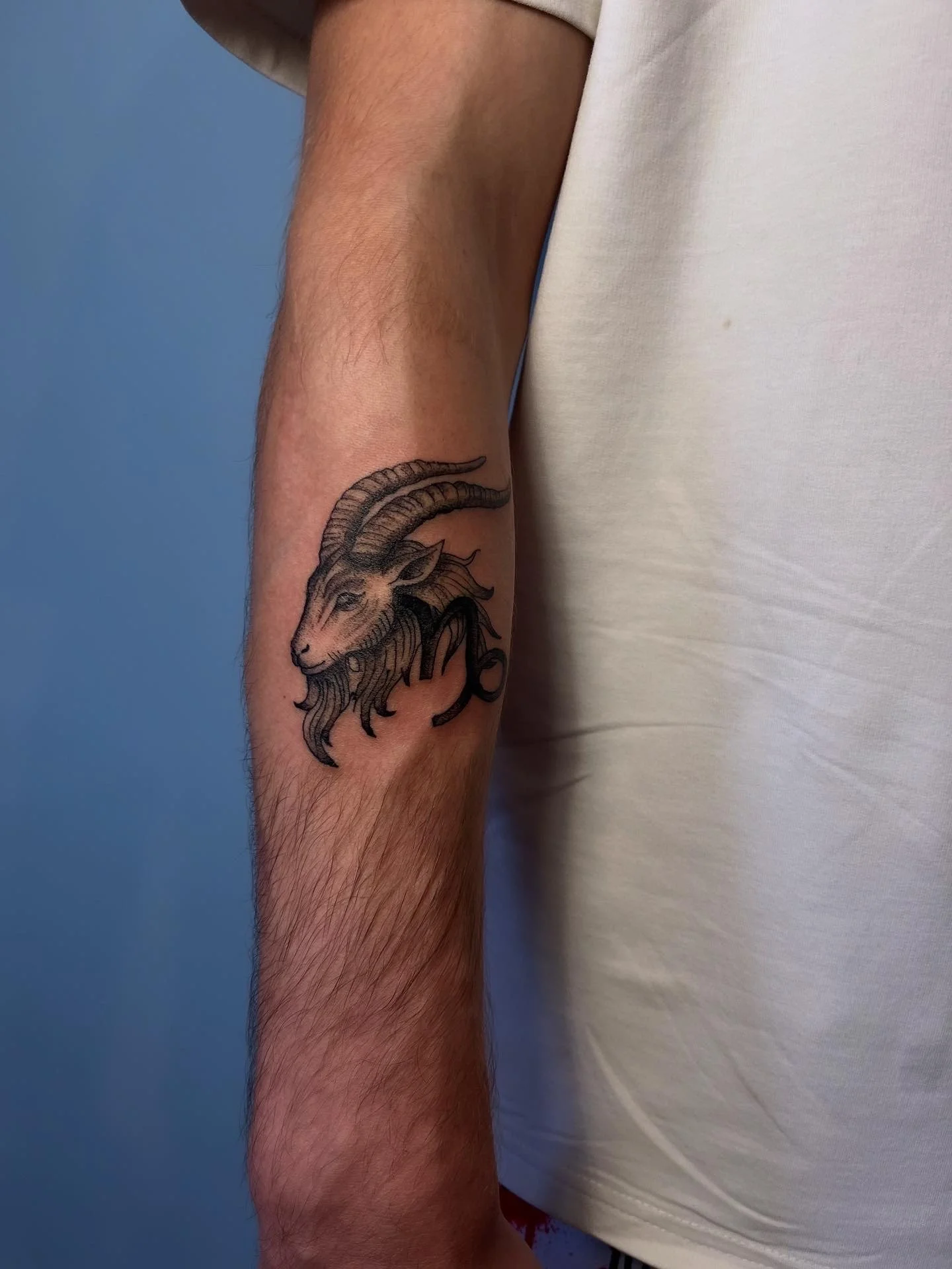 Neo-traditional Capricorn goat head tattoo on forearm