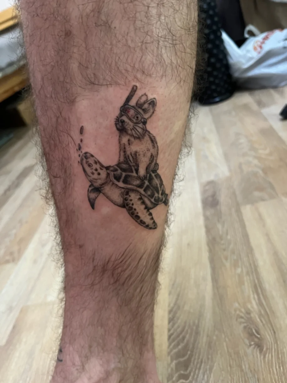 Illustrative black and grey rabbit riding a sea turtle on leg