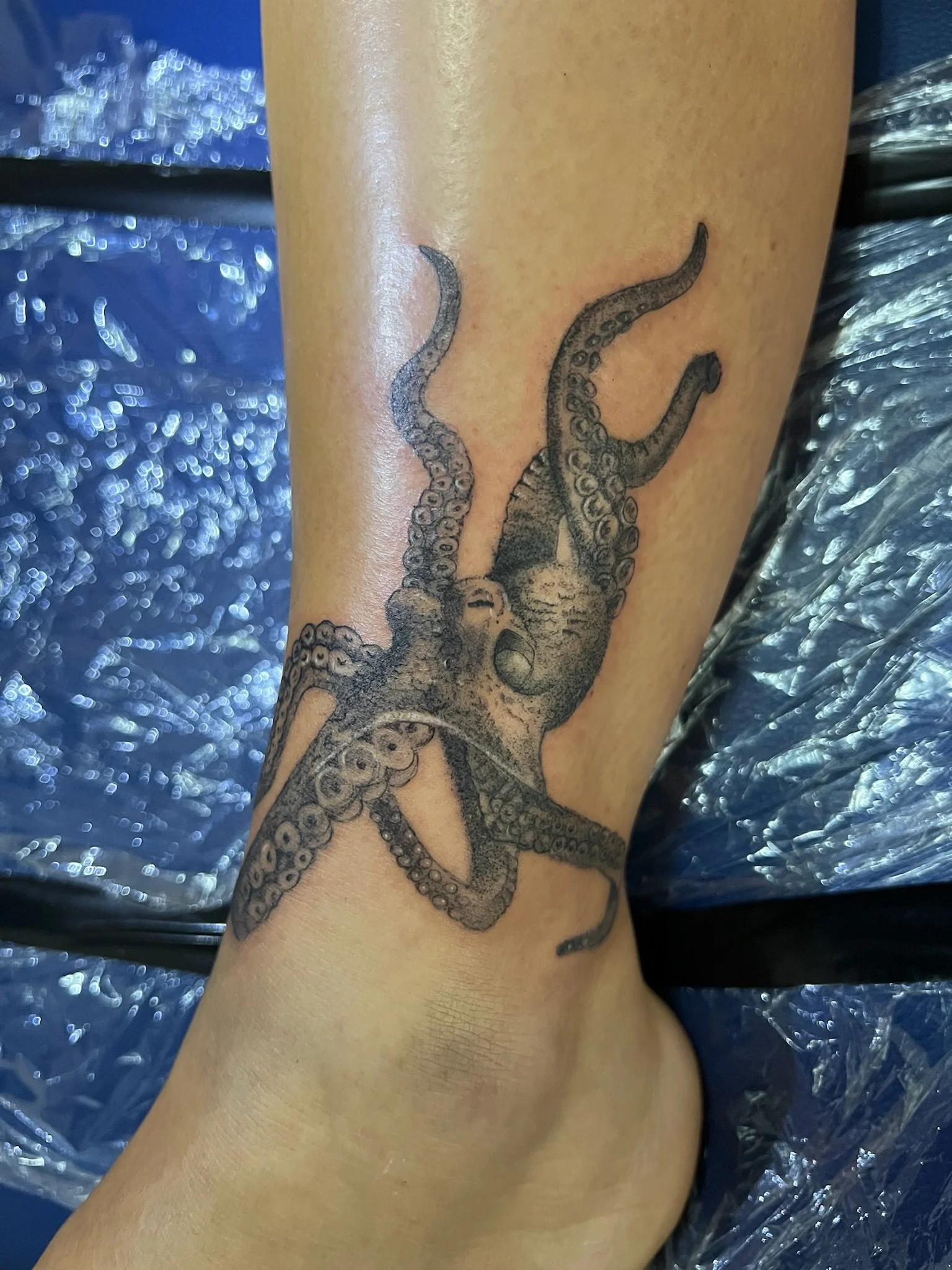 Black and grey octopus tattoo wrapped around the ankle