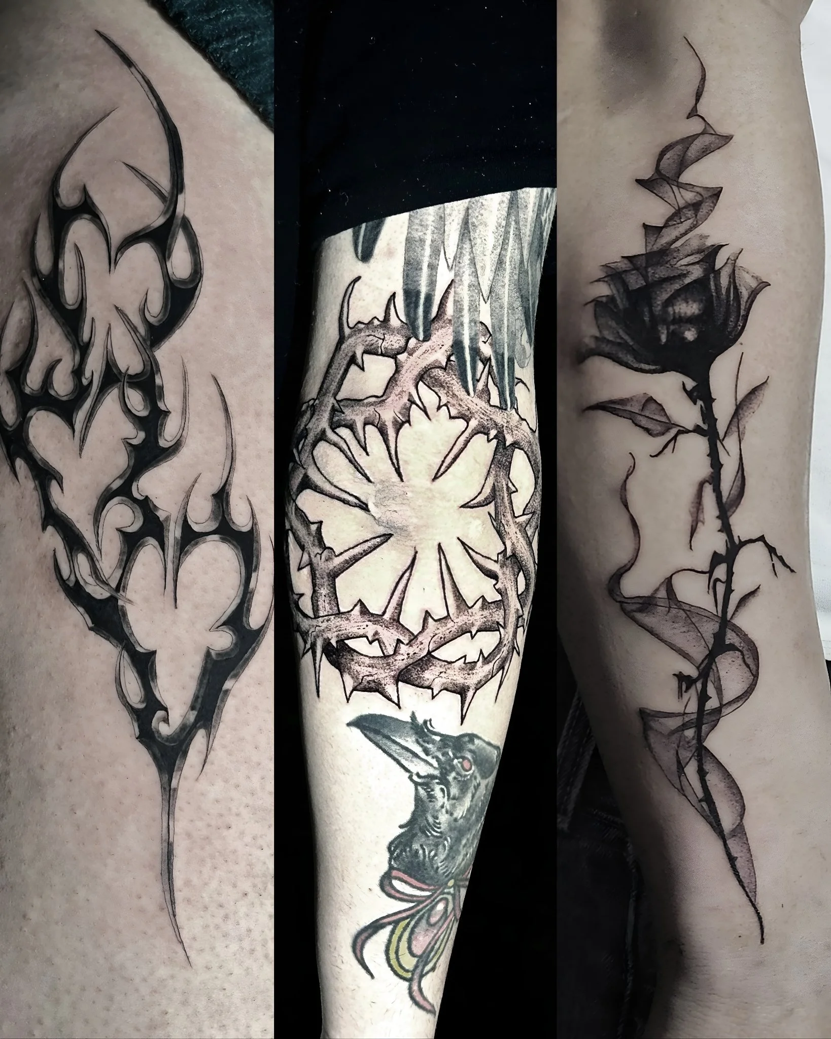 Black and grey patchwork sleeve featuring tribal, thorn wreath, rose, and crow tattoos