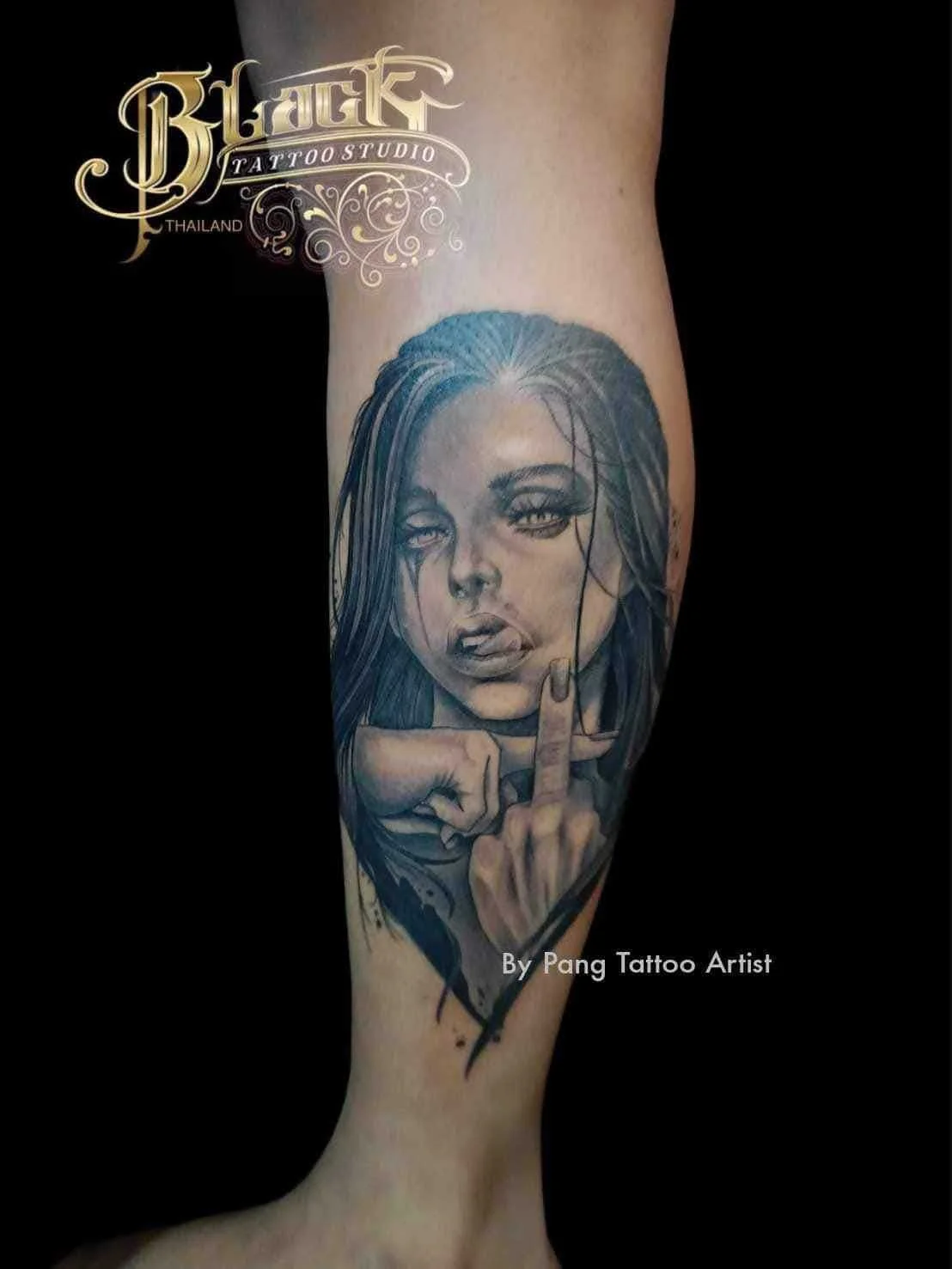 Black and grey realism portrait of woman on calf