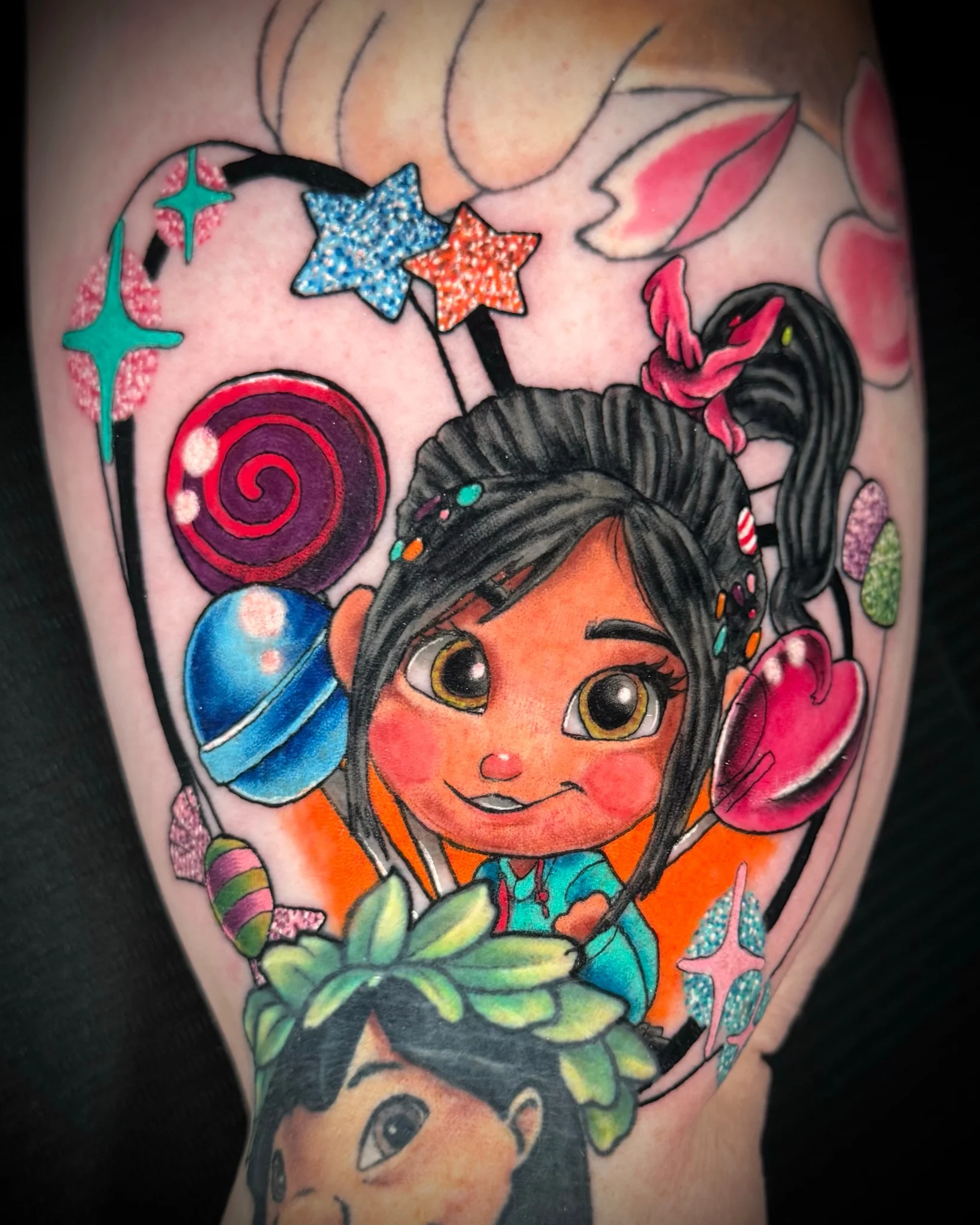 Colorful New School Vanellope von Schweetz character tattoo with candy motifs