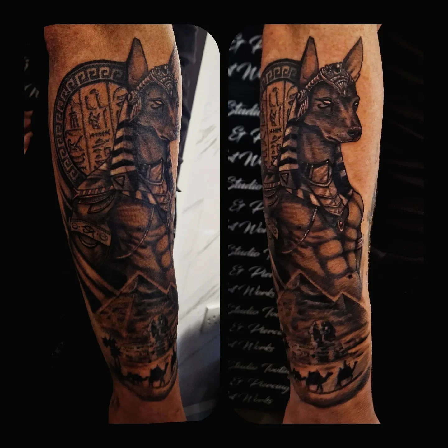 Black and grey Anubis deity tattoo with hieroglyphics on forearm