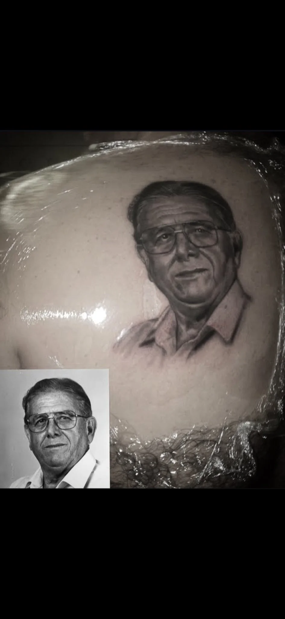 Black and grey realism portrait tattoo of an older man on chest