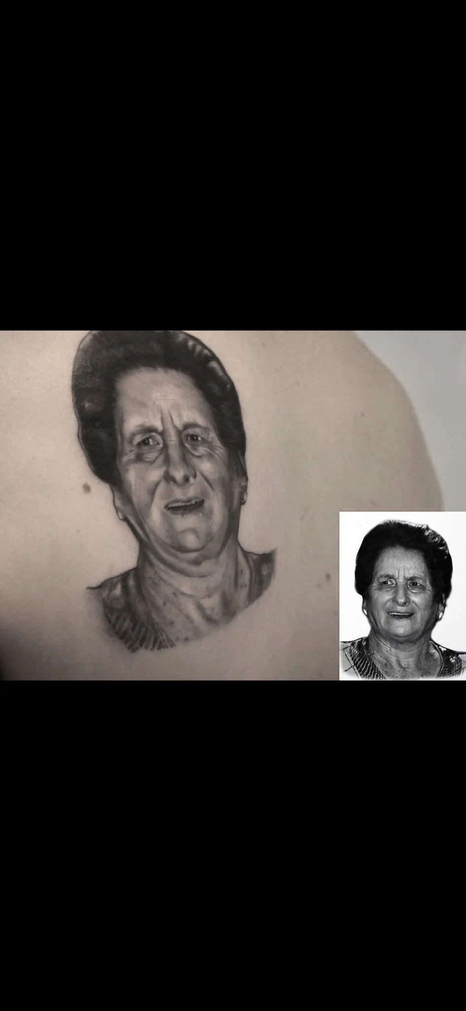 Black and grey realism portrait tattoo of an elderly woman on shoulder