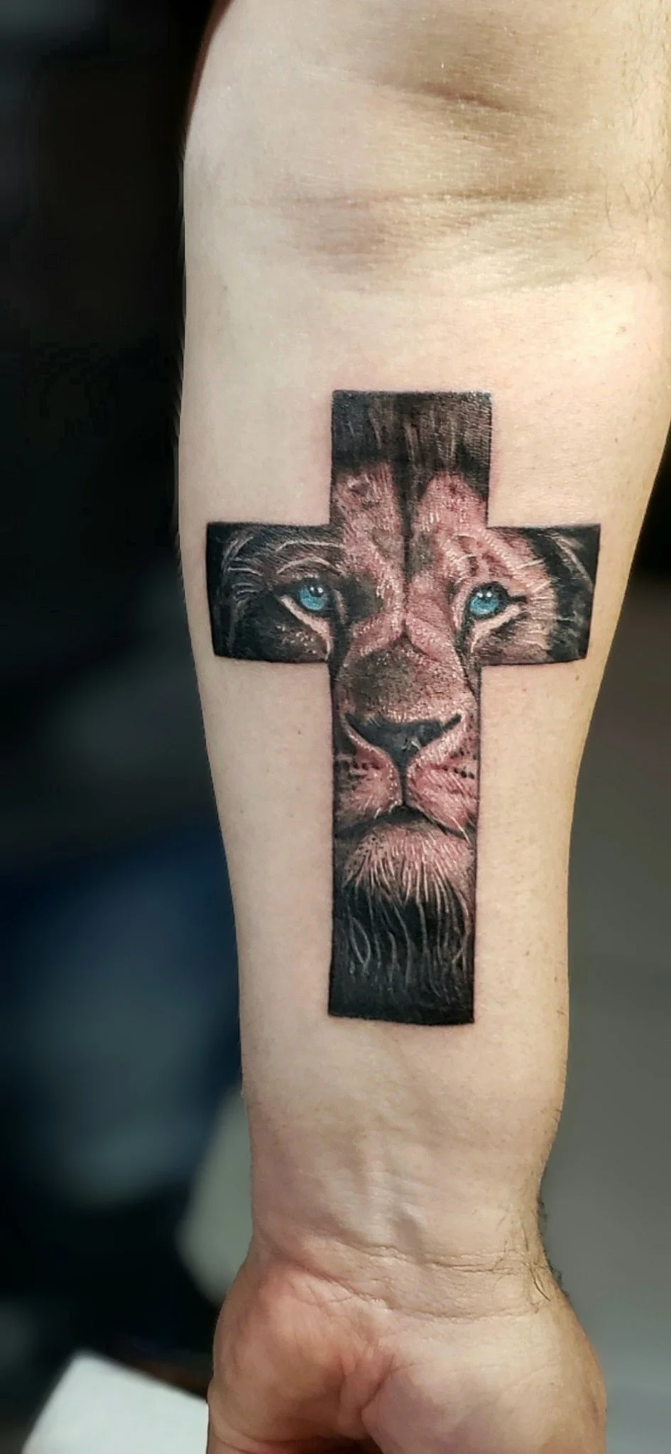 Color realism lion face within Christian cross tattoo on forearm