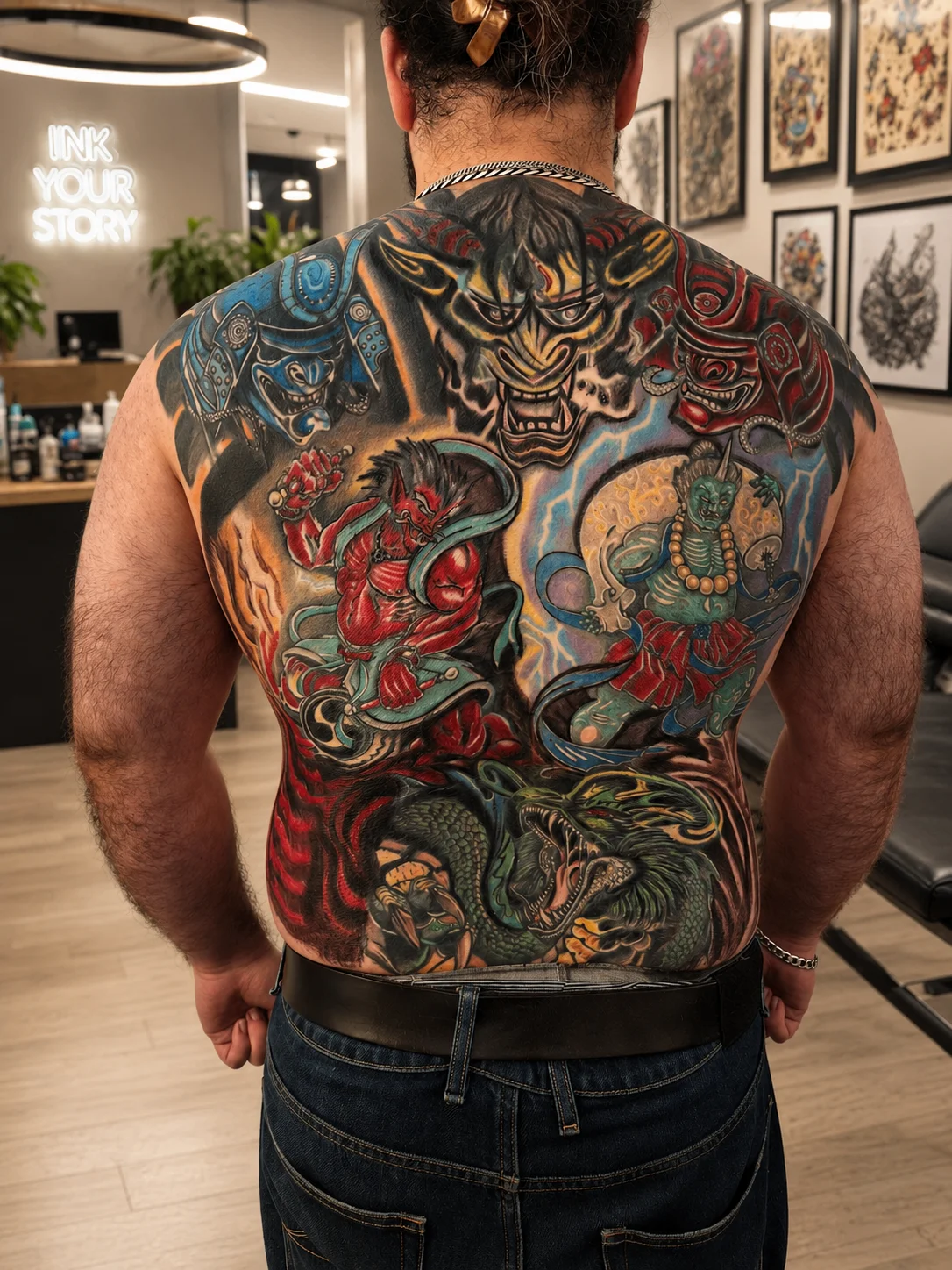 Full back Japanese traditional tattoo featuring oni, dragon, and samurai