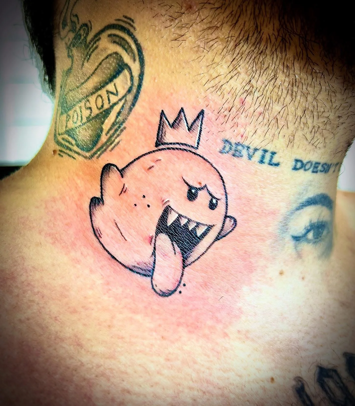 New School King Boo ghost tattoo on the back of the neck