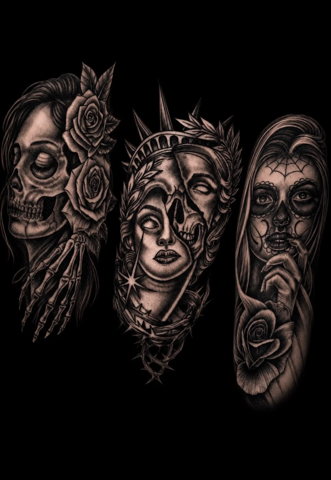 Black and grey realism sleeve flash with skulls, sugar skull, and roses