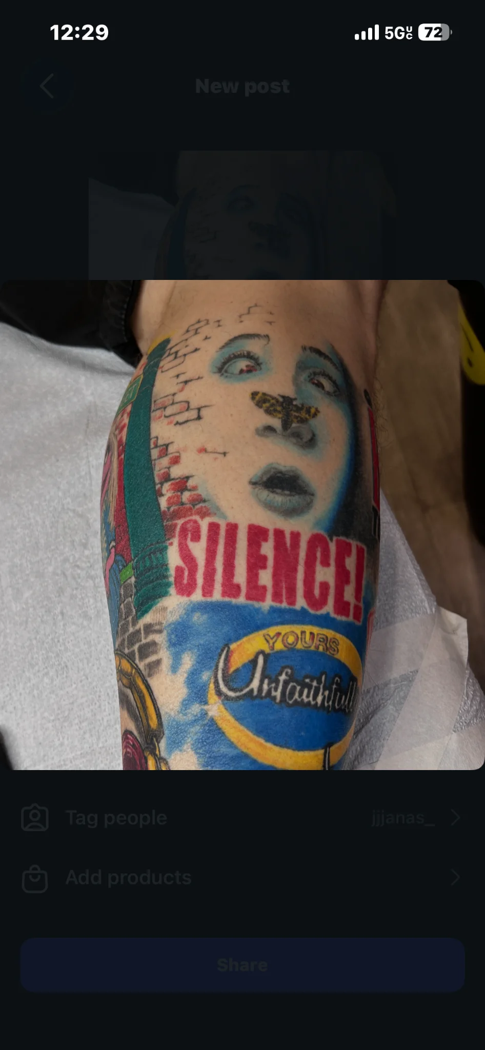 Colorful new school sleeve tattoo with face, moth, and text