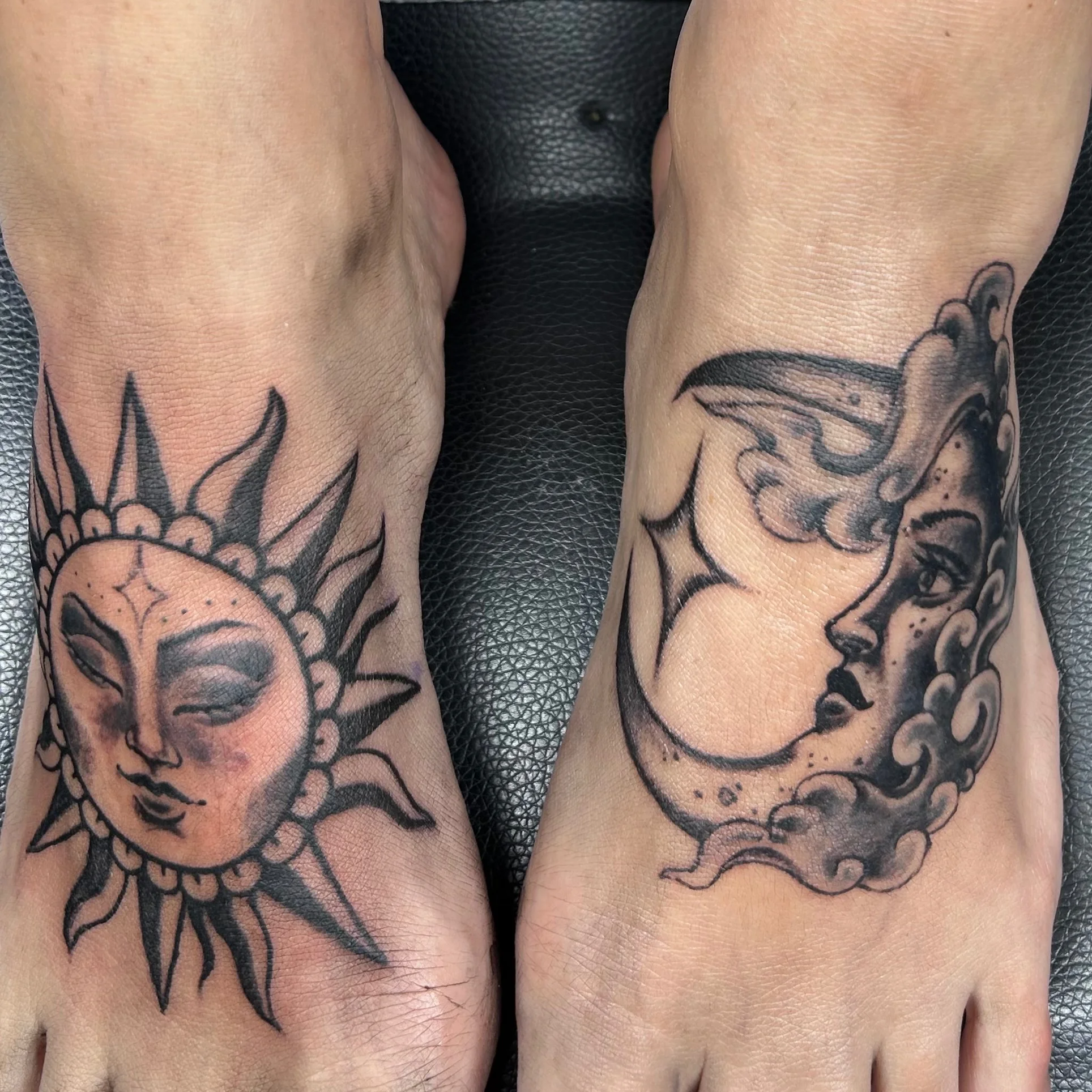 American traditional sun and moon face tattoos on both feet