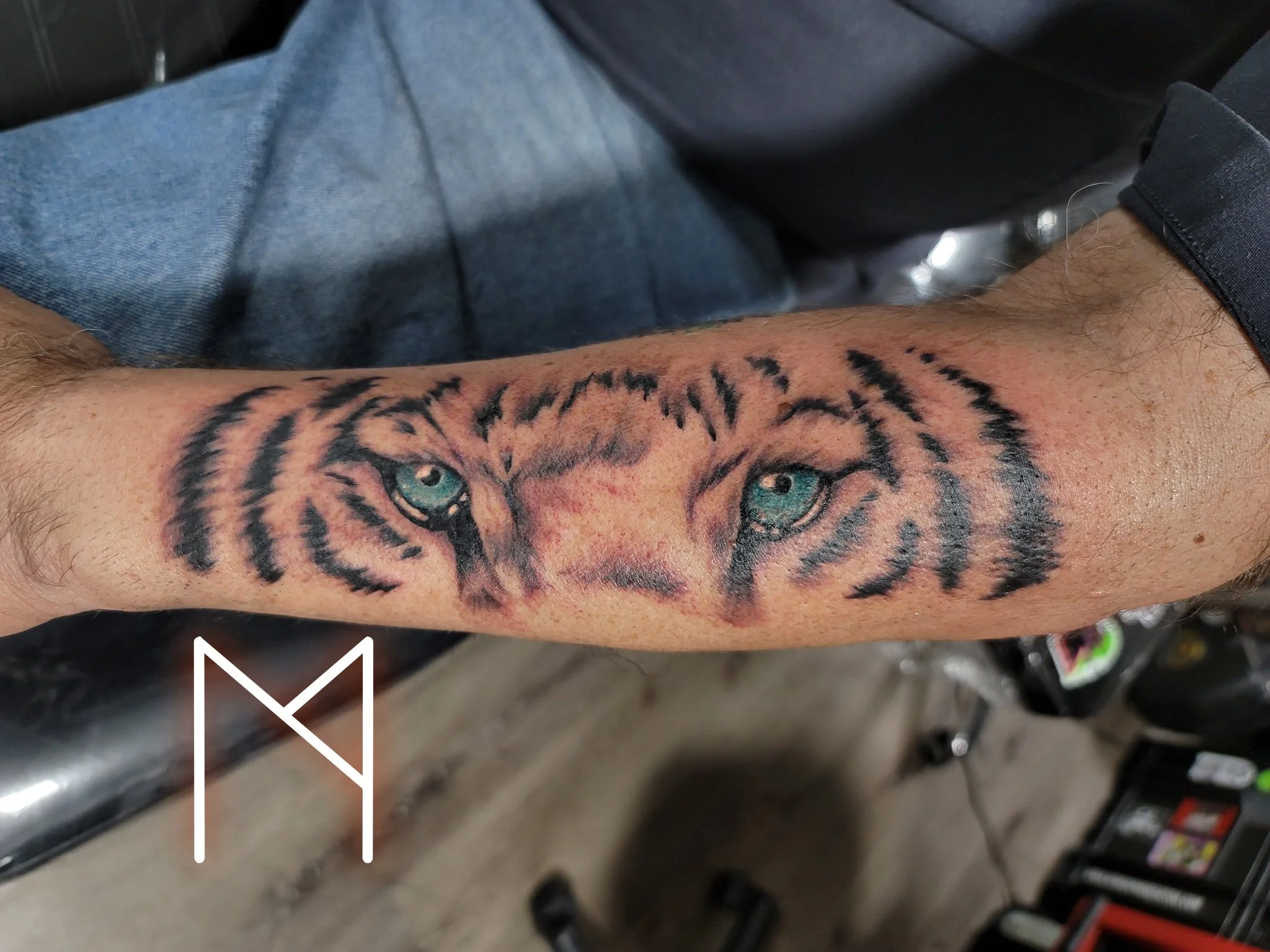 Color realism white tiger eyes tattoo on forearm