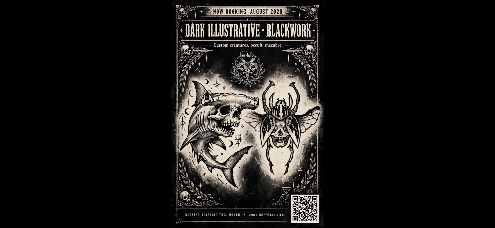 Dark illustrative blackwork flash sheet with skull shark and spider