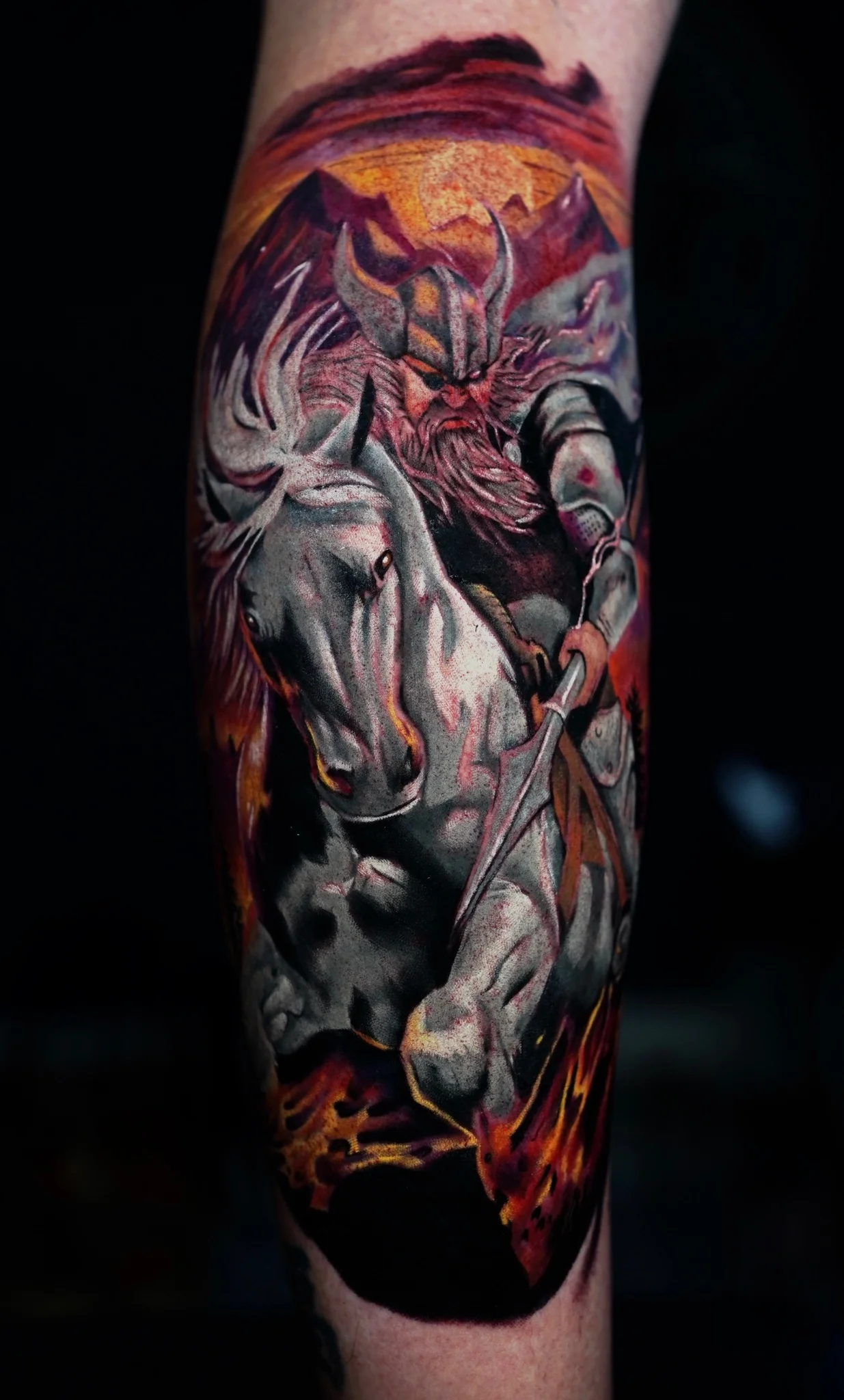 Color realism Viking warrior on horseback tattoo on forearm