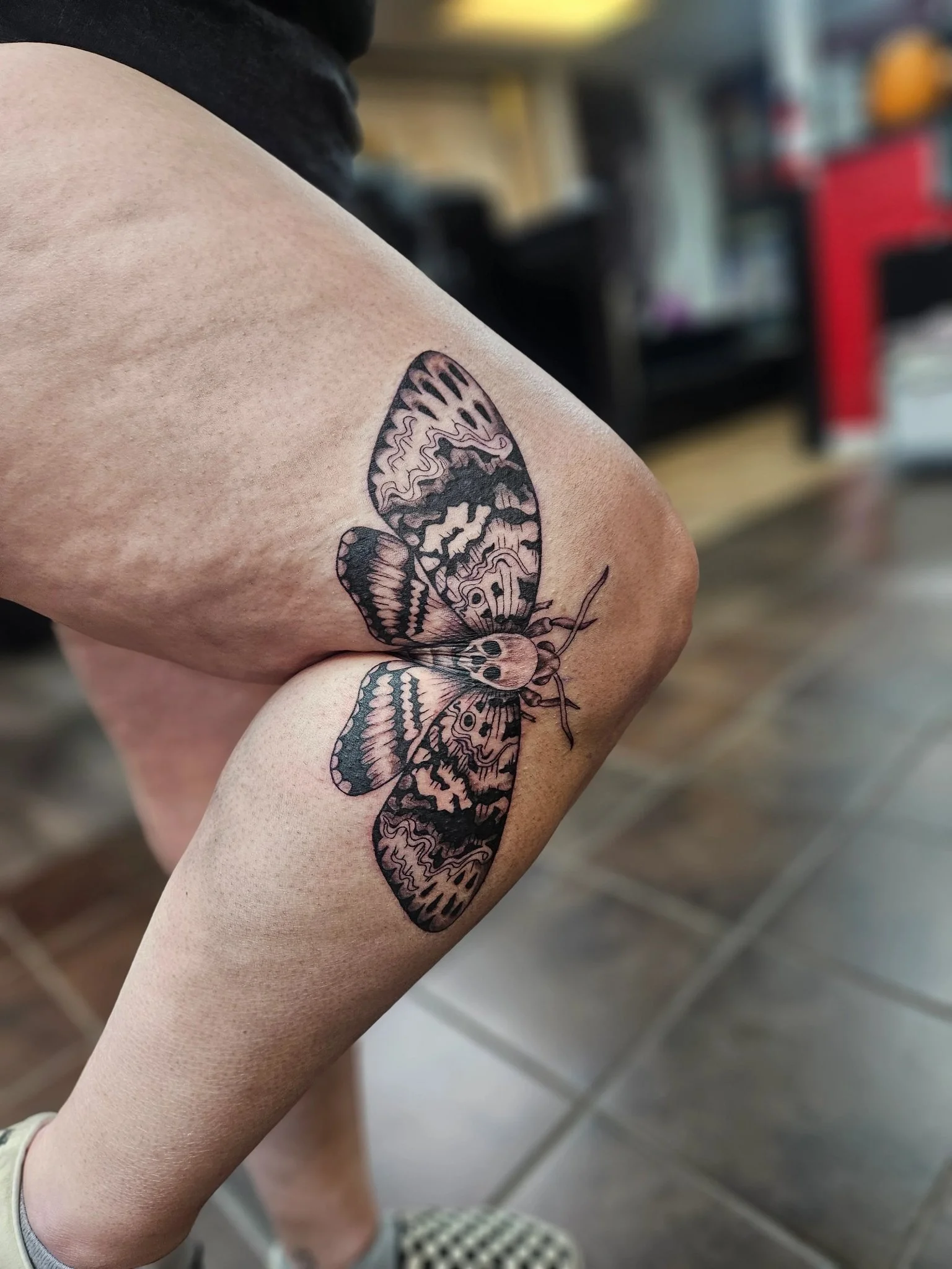 Black and grey neo-traditional moth tattoo on knee