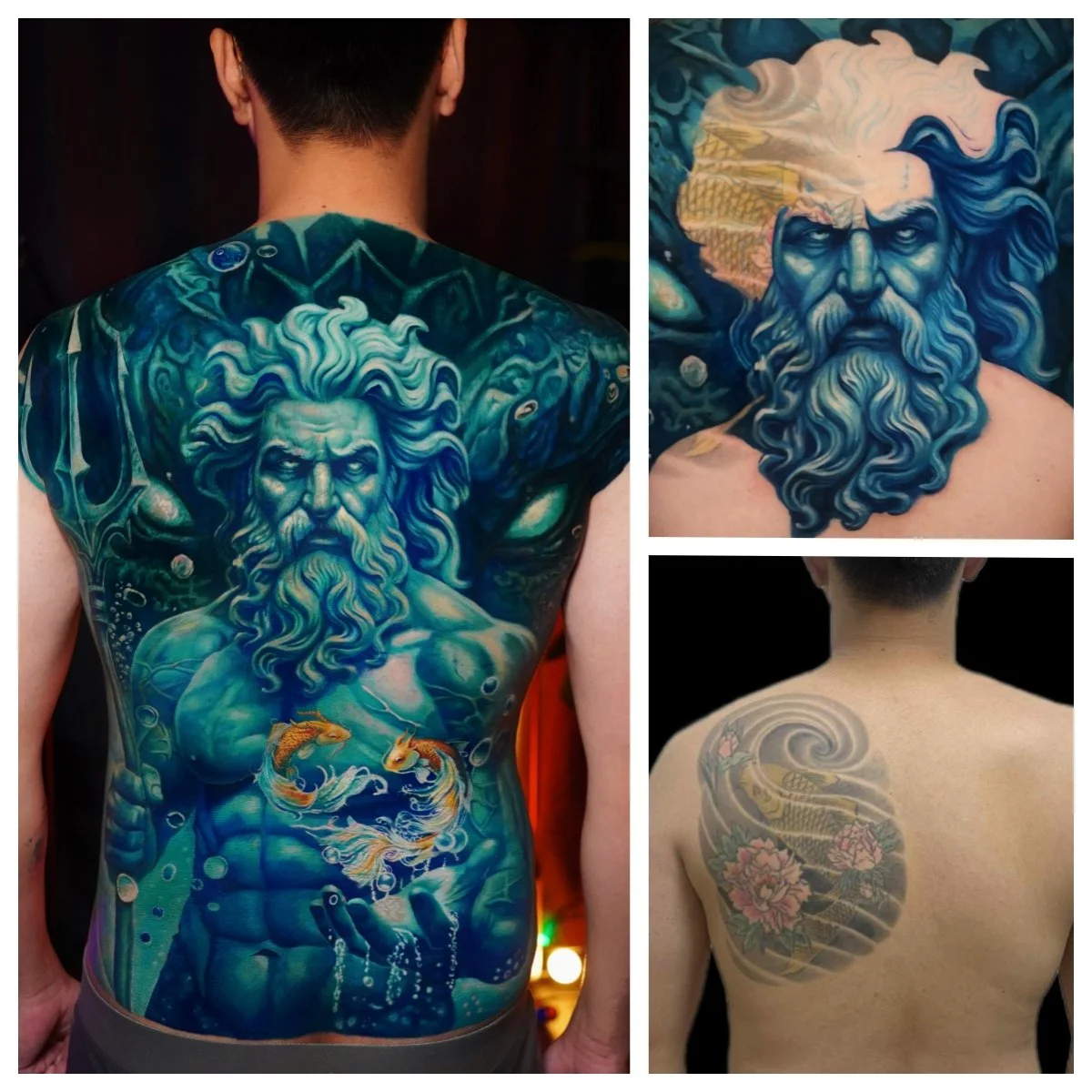 Full back color realism Poseidon tattoo with koi fish details