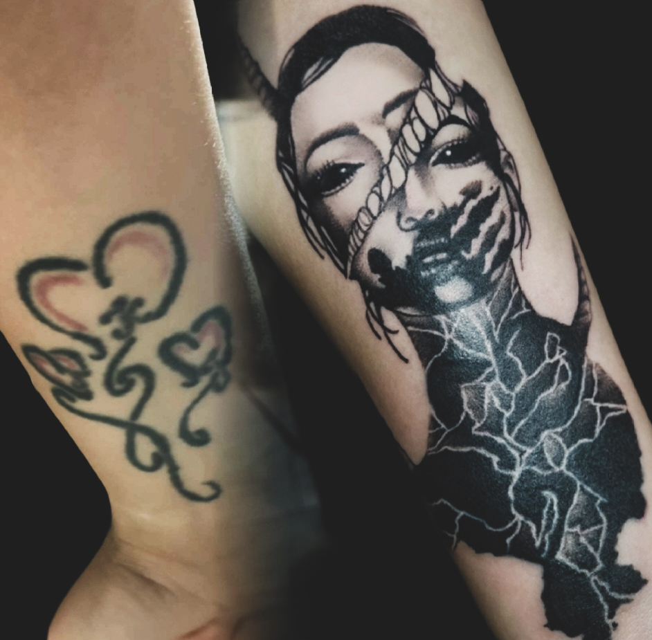 Black and grey realistic portrait with lightning bolt neck detail on forearm