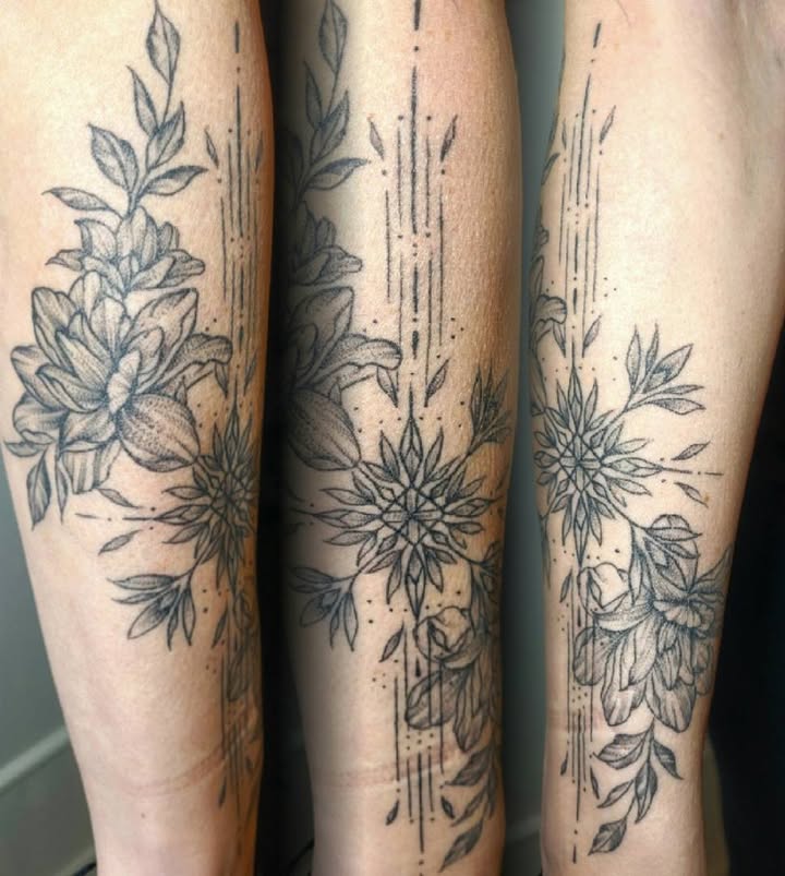 Botanical floral sleeve with delicate line work and flowing botanical designs