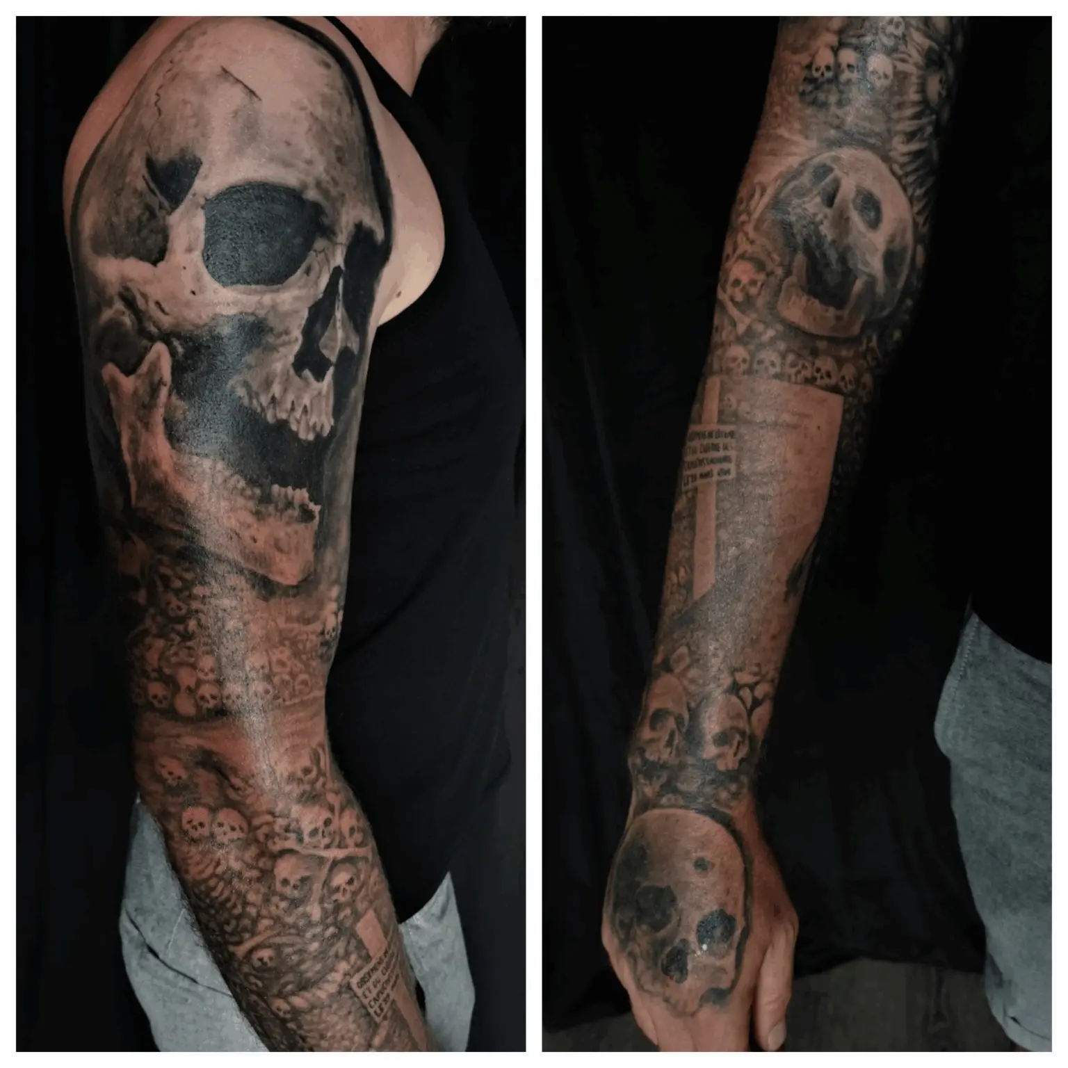 Black and grey skull sleeve tattoo with ornamental pattern details