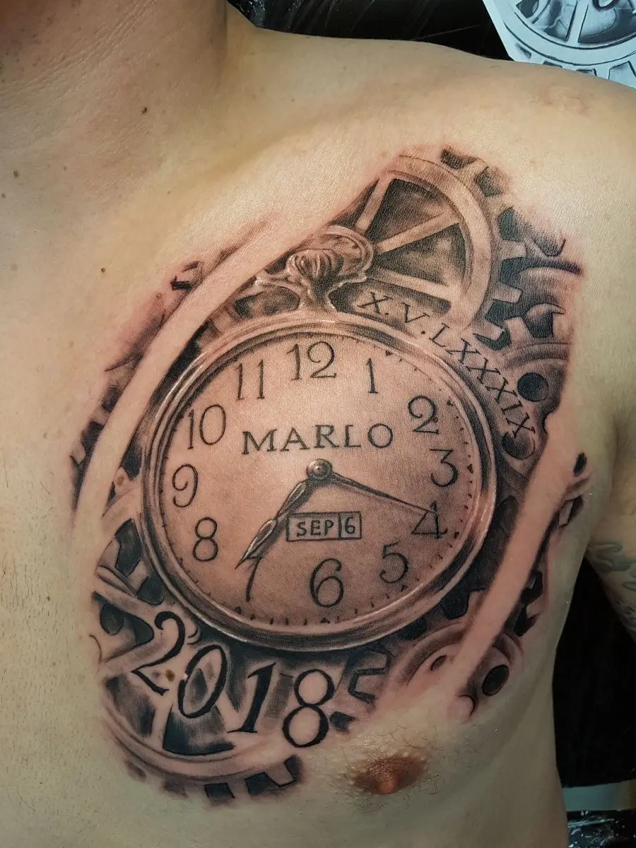 Black and grey realism pocket watch with gears and date display on chest