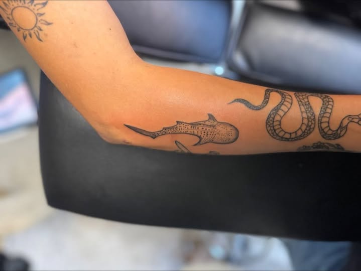 Black and grey shark and snake tattoo on forearm