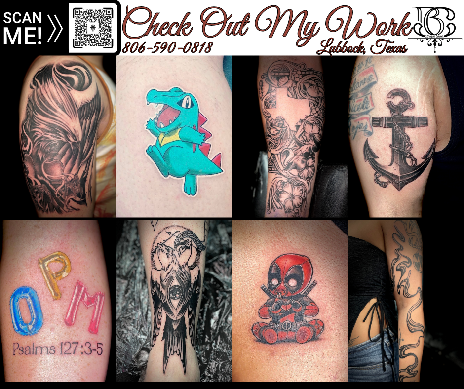 Portfolio of neo-traditional and black and grey tattoo designs featuring various subjects