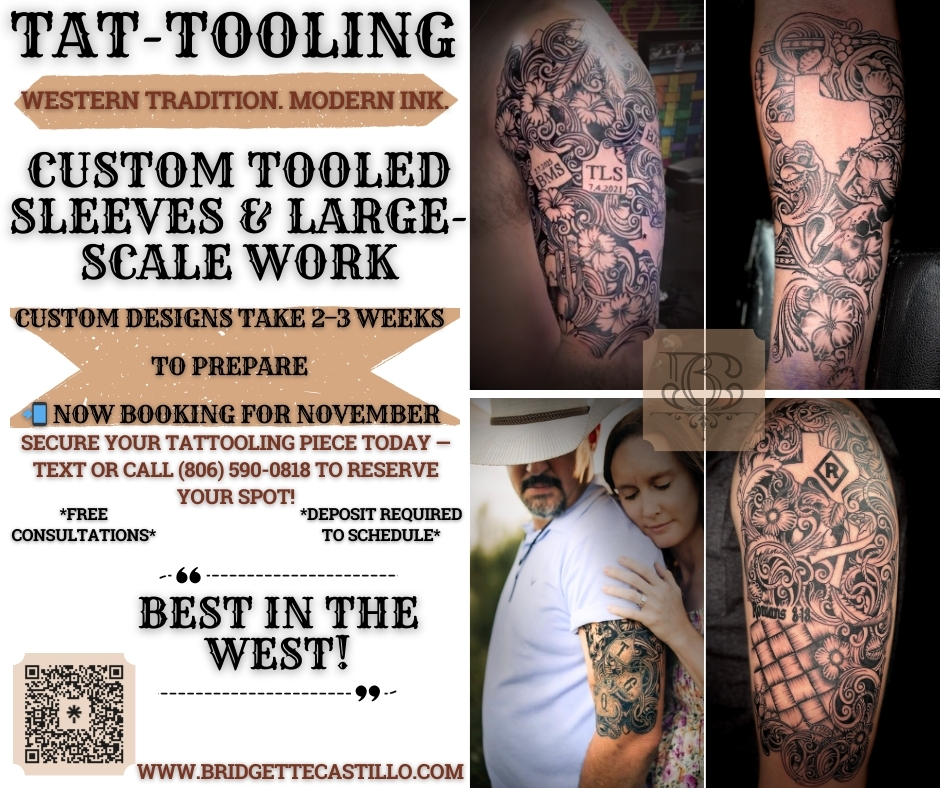 Custom black and grey ornamental floral sleeve tattoo with scrollwork details