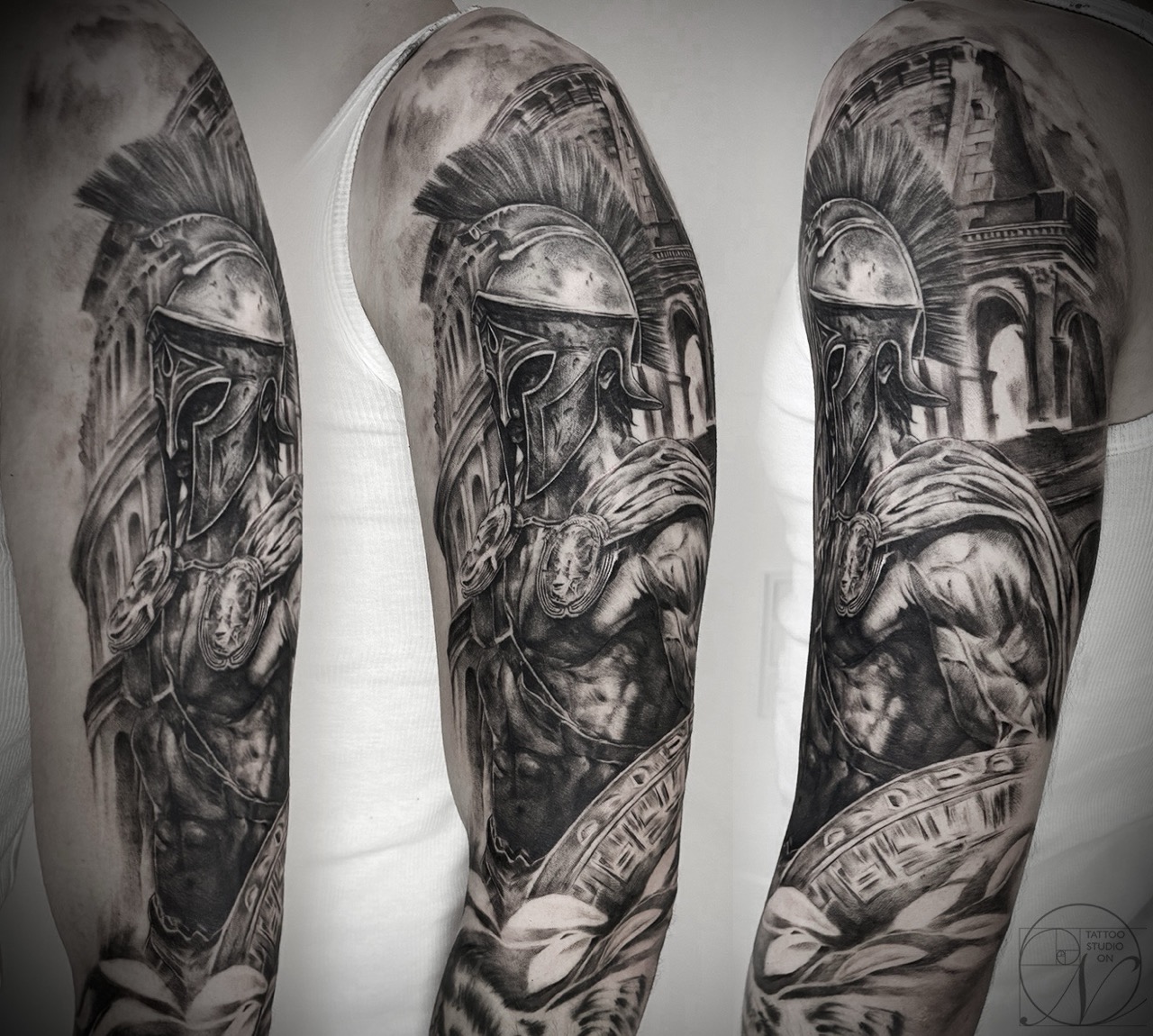 Black and grey realism classical warrior full sleeve tattoo with detailed armor and helmet