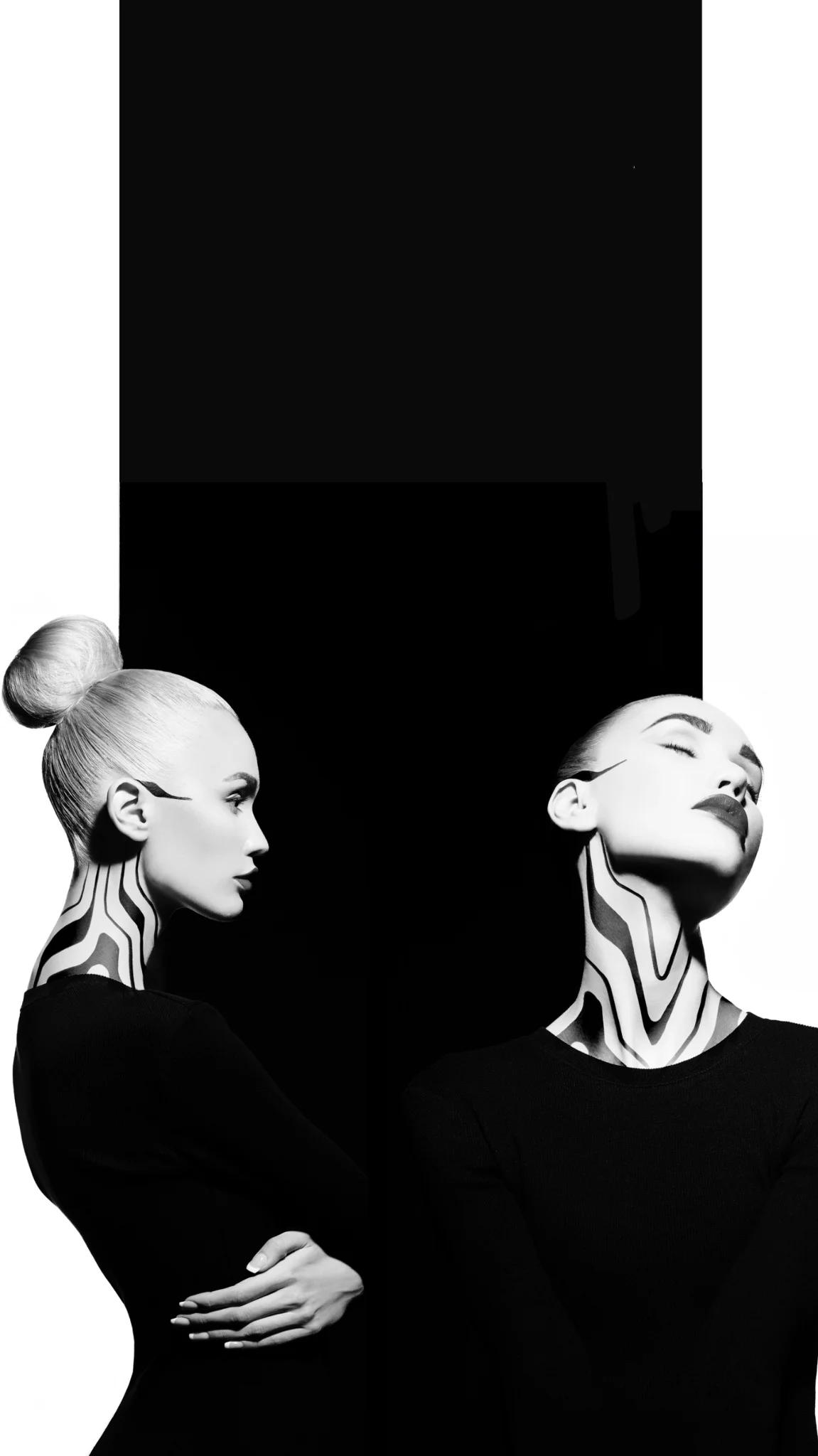 Black and white portrait illustration with geometric neck tattoo design