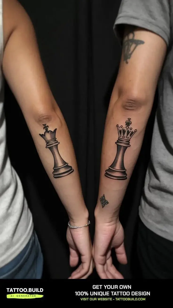 Matching black and grey chess piece tattoos on forearms, queen and king design.