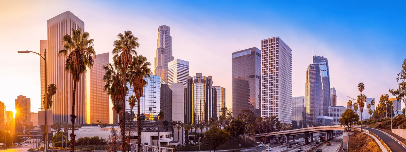 Downtown Los Angeles skyline at sunset